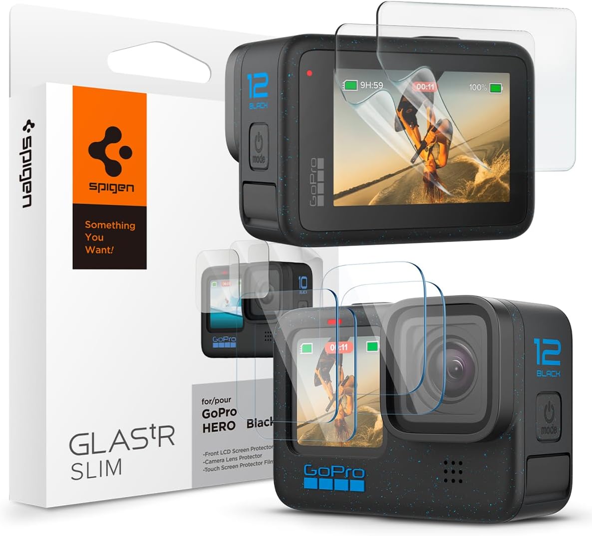 Kit Spigen verre trempé pour écran et protection caméra compatible GoPro Hero 12/11/10/9 Black (6 pièces)