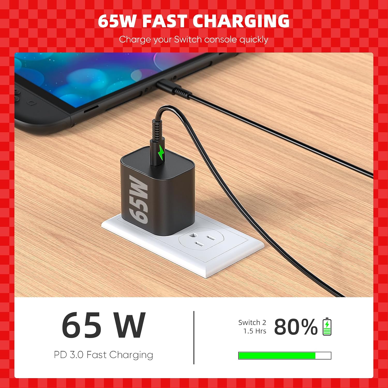 Thumbnail 1 de 65W GaN Charger for Switch 2 with 6.6 ft Cable — Upgraded PD3.0 Fast Charge for Docked 4K Play