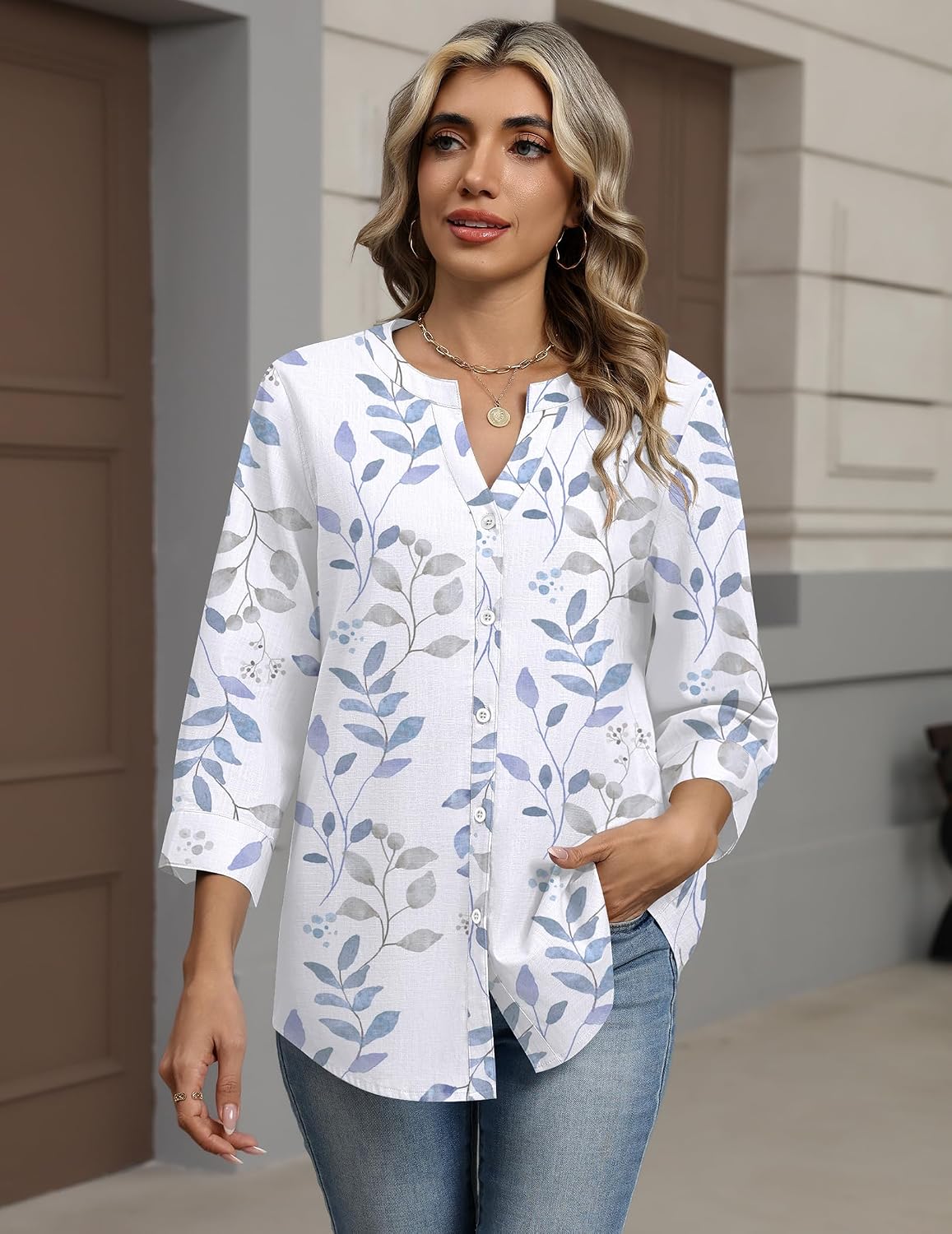 Detalle de Zeagoo Women's Button-Down Linen-Cotton 3/4 Sleeve Tops: Casual to Workwear Versatility