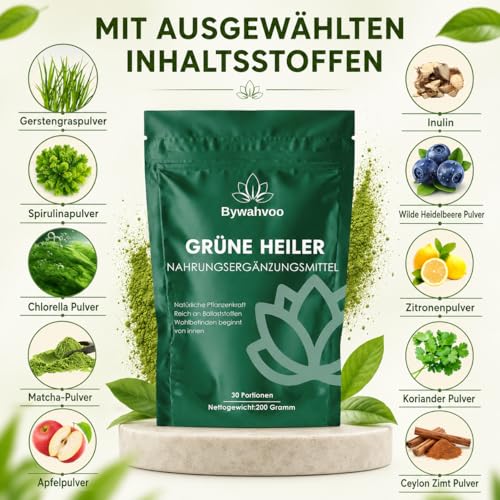 Detalle 2 de Grüne Entgiftungspulver – Bywahvoo, 200 g – Matcha, Gerstengras, Spirulina & Heidelbeere