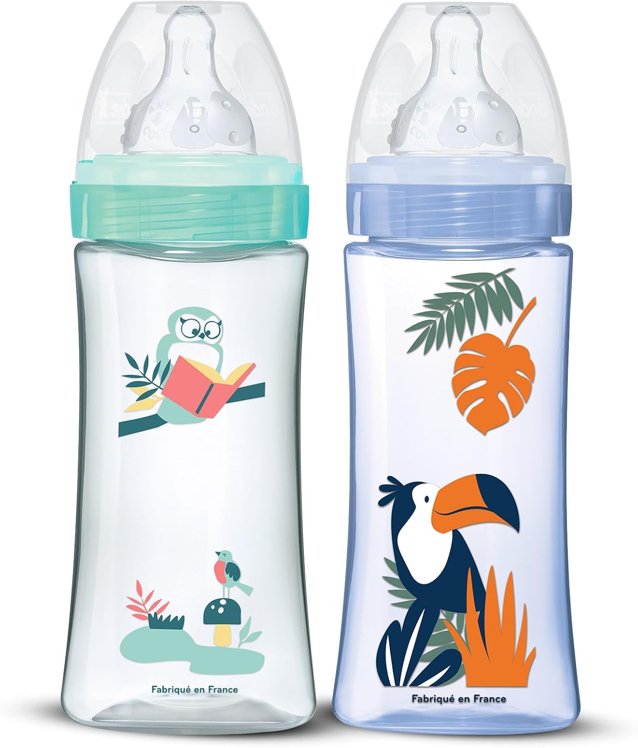 Detalle de DODIE Lot de 2 Biberons Anti-Coliques 330 ml avec Tétines Rondes 3 Vitesses – Bleu et Vert