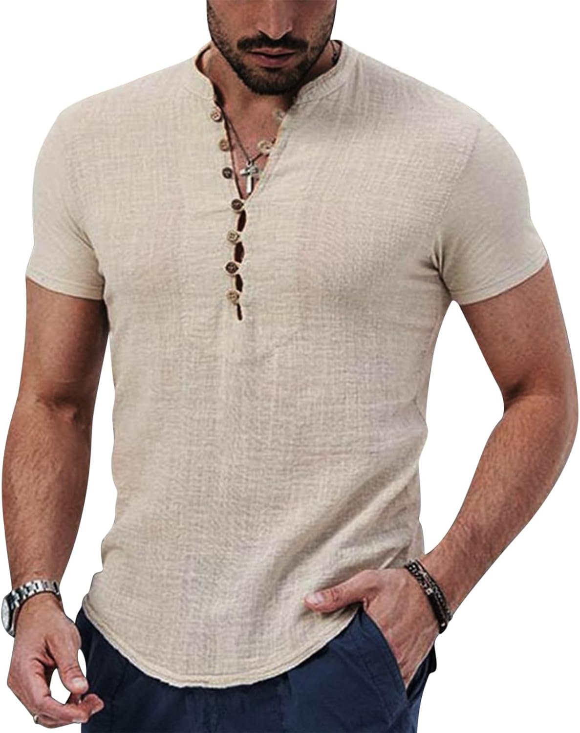 Detalle de Puimentiua Leinenhemd Herren – Kurzarm, Regular Fit, Stehkragen und Knöpfe (S–3XL)