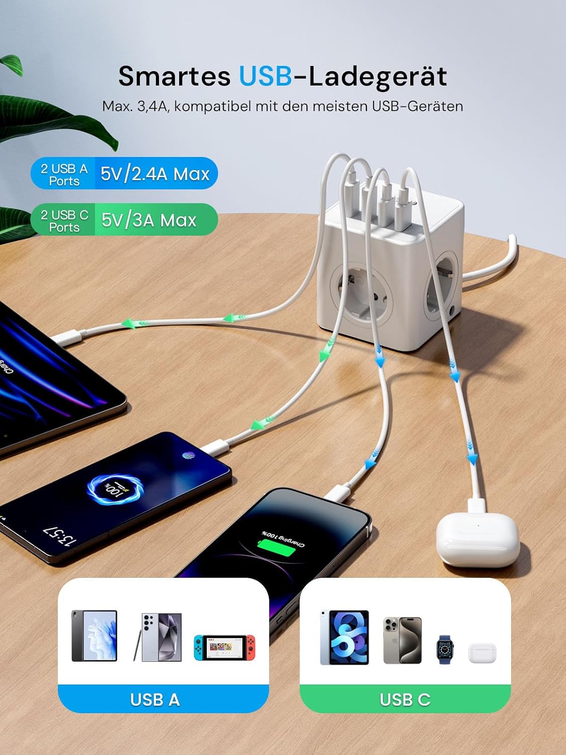 Detalle 2 de Power Cube Steckdosenwürfel 8‑in‑1 mit USB