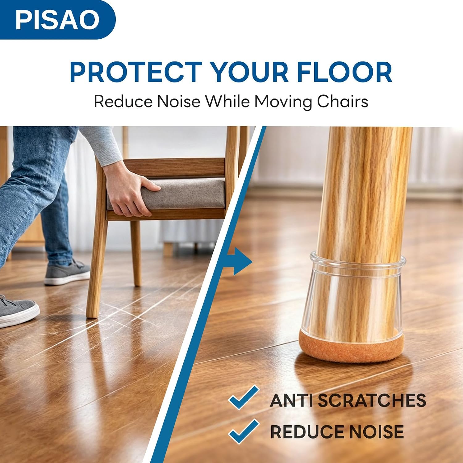 Detalle de PISAO 001 Chair Leg Protectors, 24-Pack Clear Silicone Caps with Felt