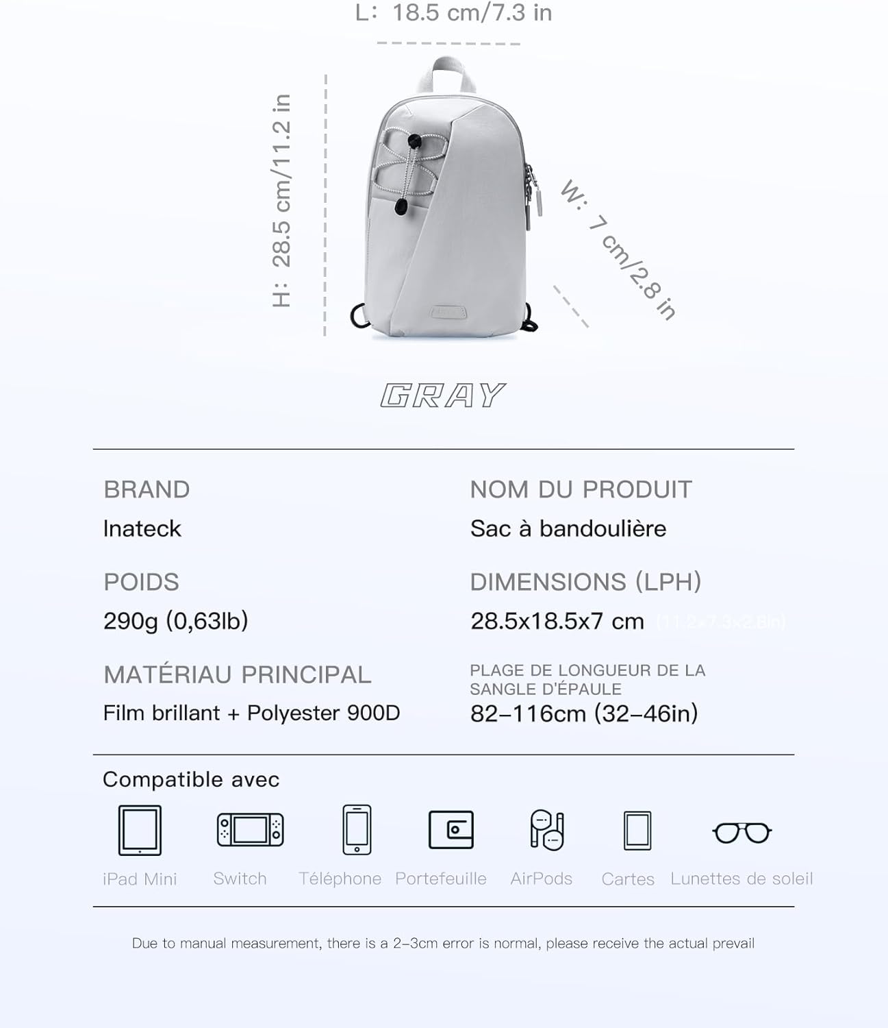 Detalle de Inateck Sling Bag X-Row : Sac banane léger avec poche RFID pour voyage et plein air