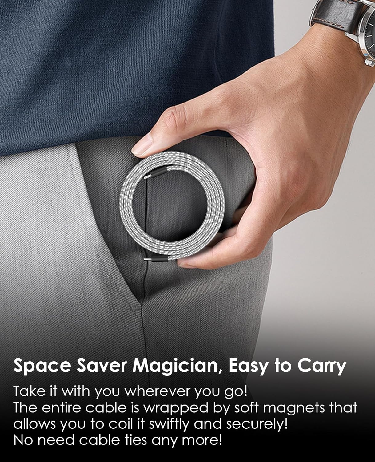 Thumbnail 4 de Magtame Magnetic USB-C Cable (Flat Coiled, 60W/3A, Retractable) – Fast Charging USB-C to USB-C, 3.3 ft, Silver