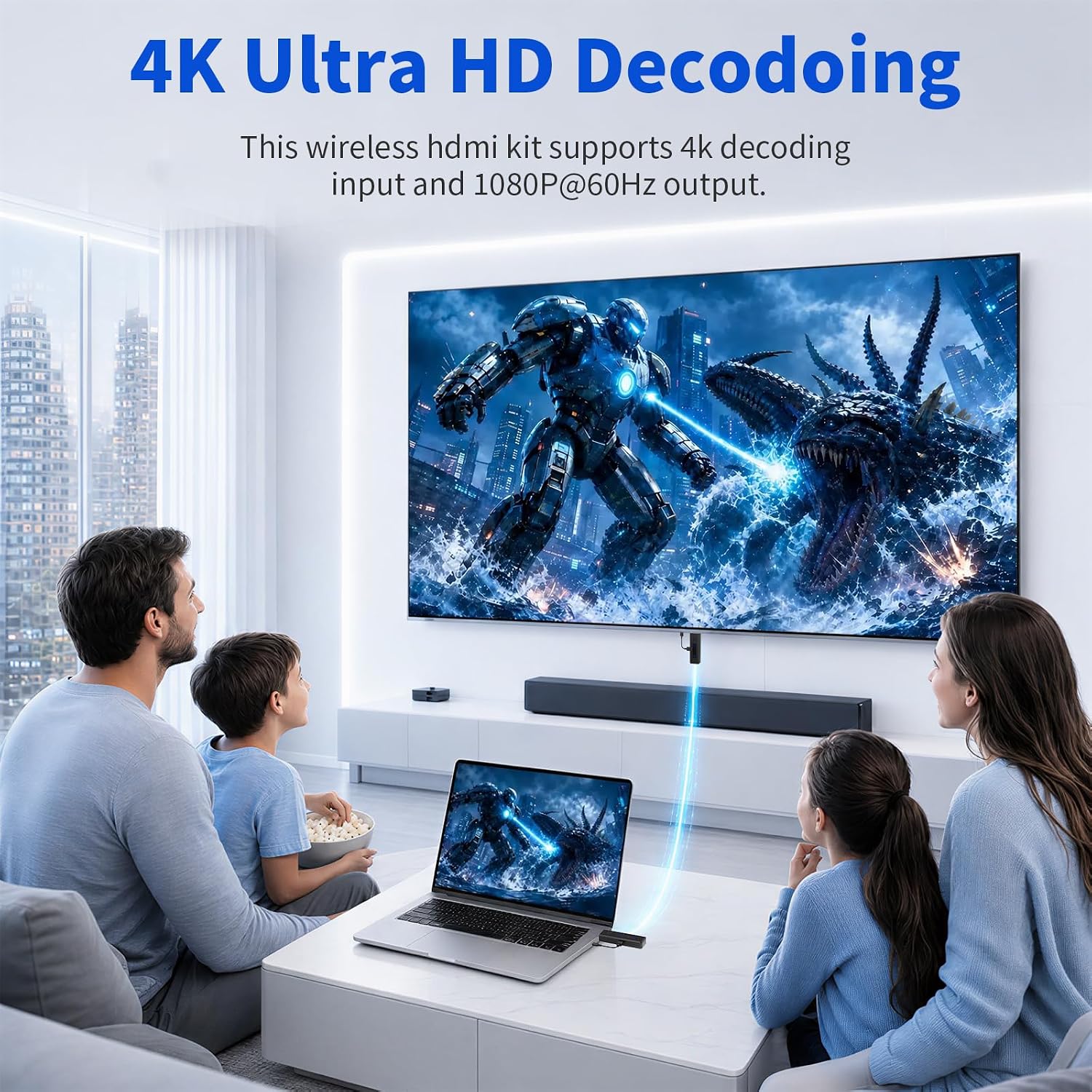 Detalle de 2026 Wireless HDMI Transmitter & Receiver: 4K Decode, 360ft Range, Dual-Band Stability