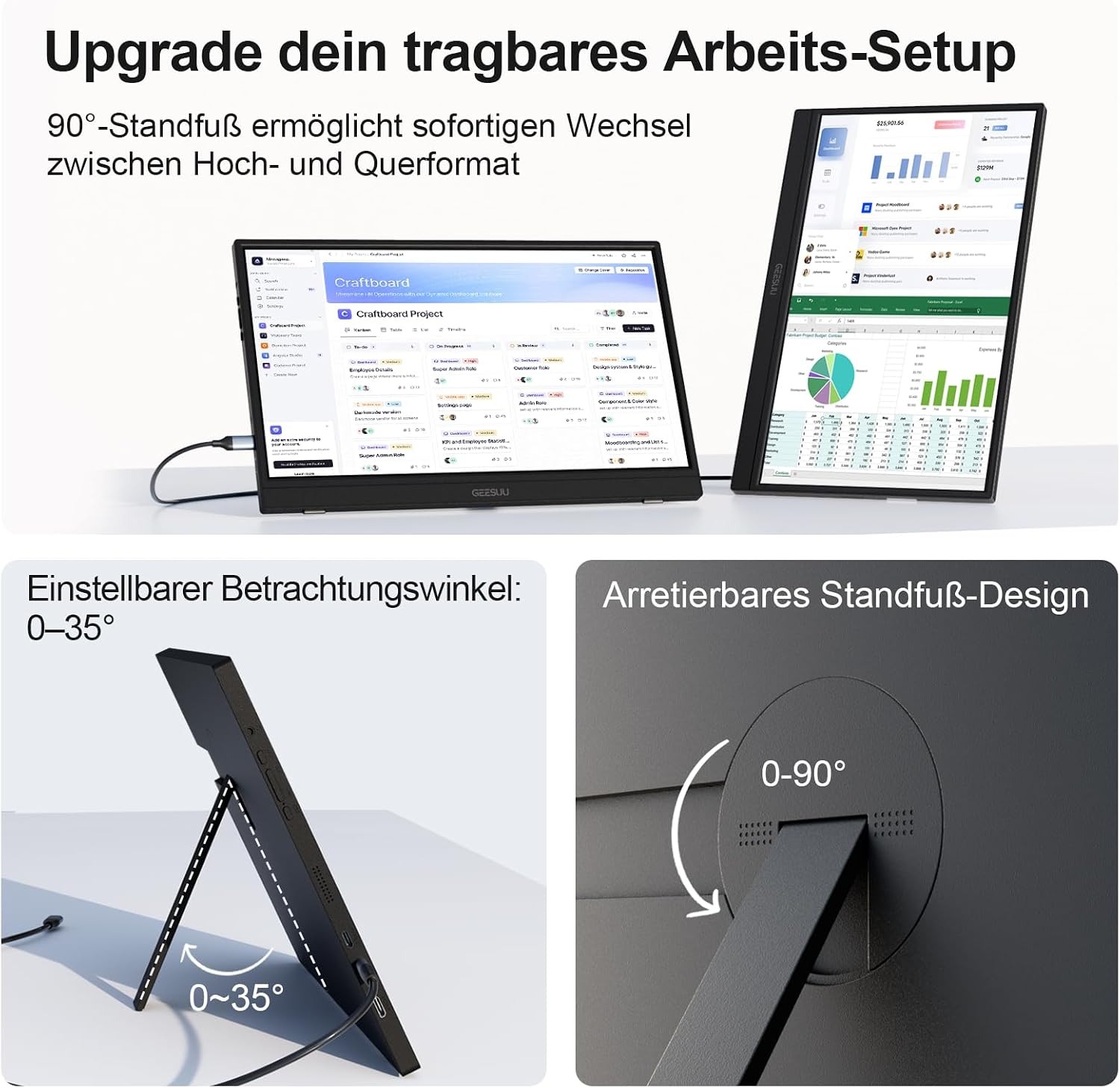 Detalle de GEESUU 15,6 Zoll tragbarer Monitor – FHD IPS Display, HDR, USB-C/HDMI, integrierte Lautsprecher