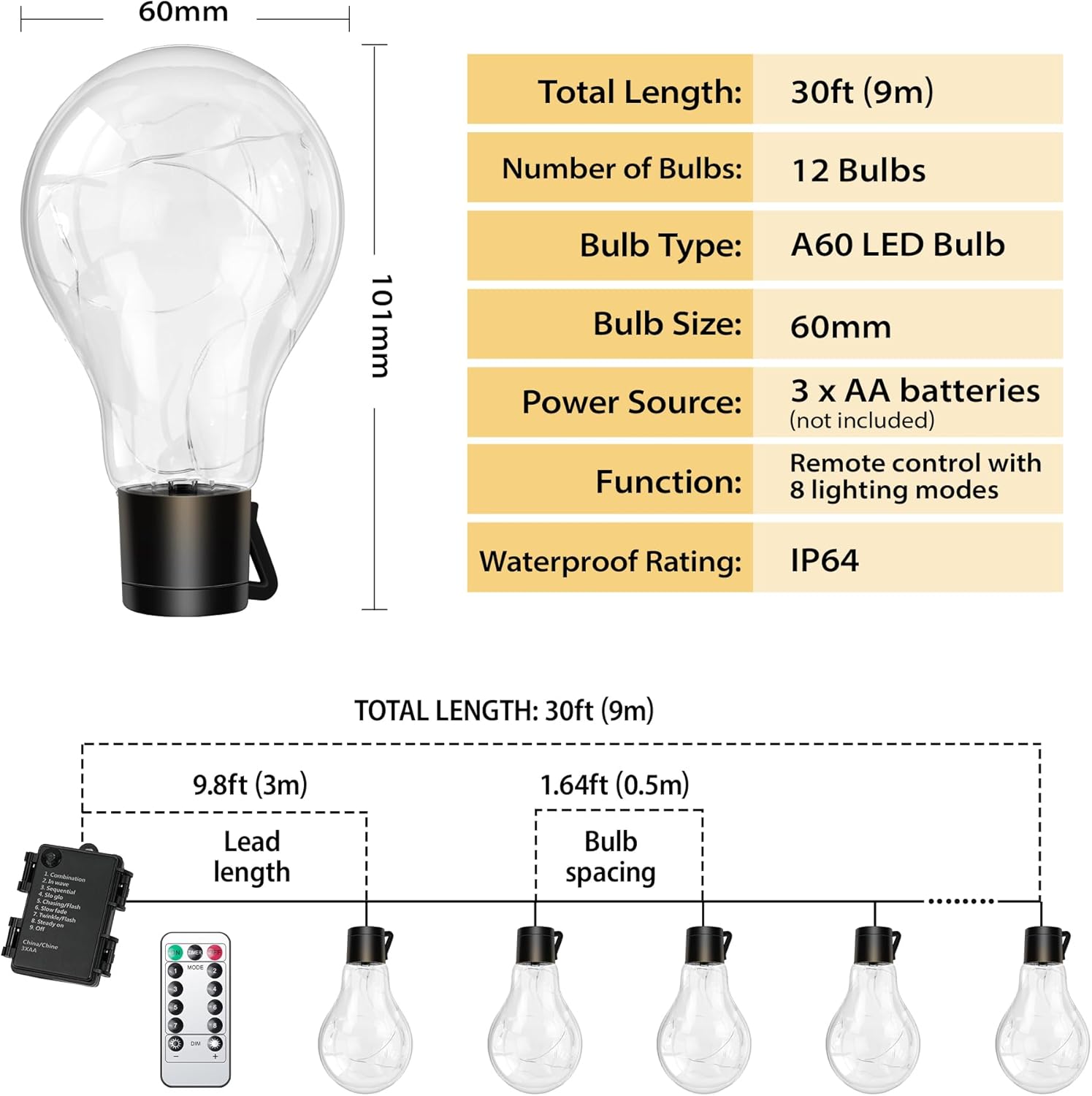 Thumbnail 5 de DSLebeen Catena Luminosa Esterno 9M/30FT LED con Batteria, 12 Lampadine A60 – Decorazione per Giardino e Casa