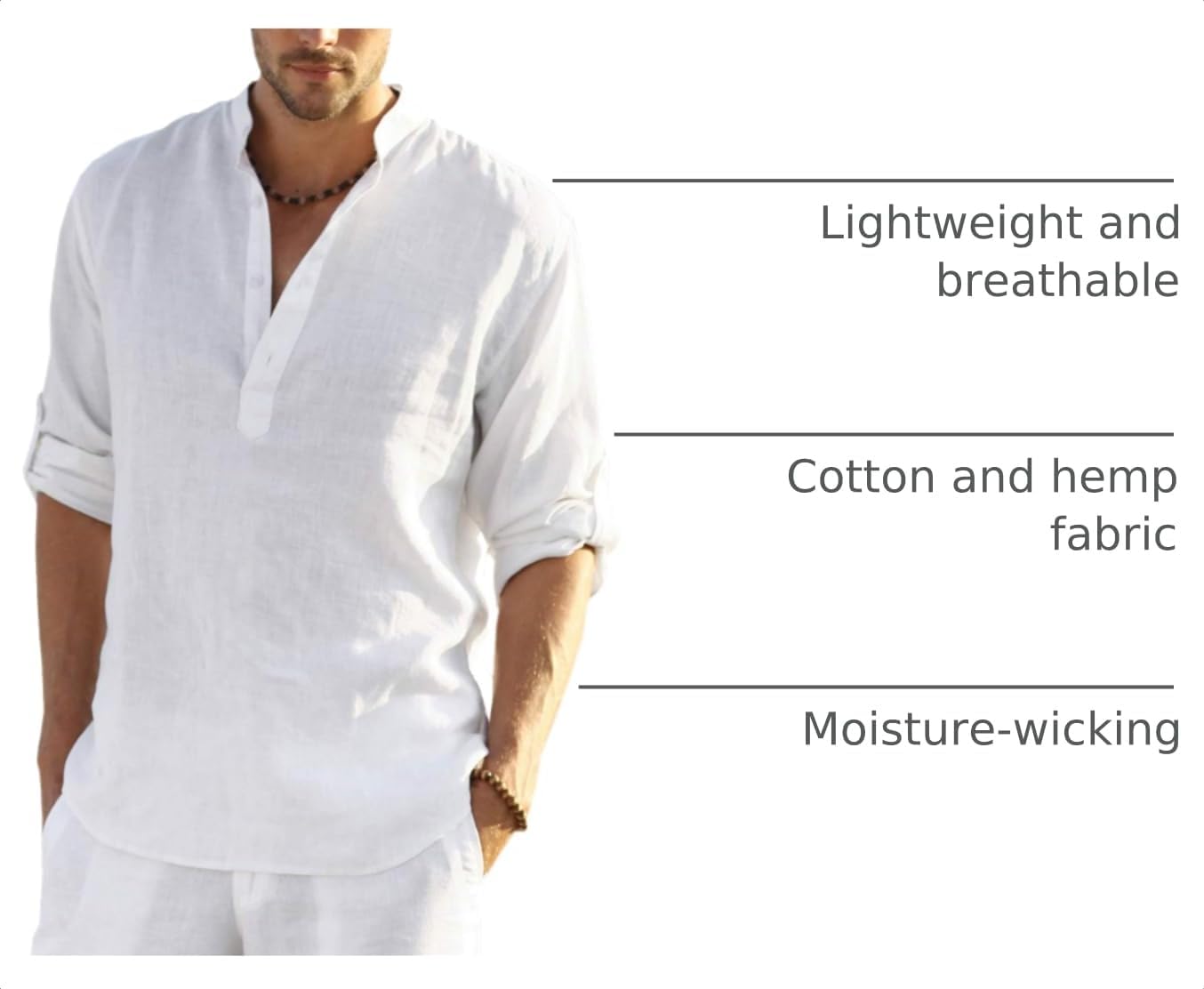 Detalle de COOFANDY Men's Cotton Linen Henley T-Shirt Long Sleeve for Casual Beachwear