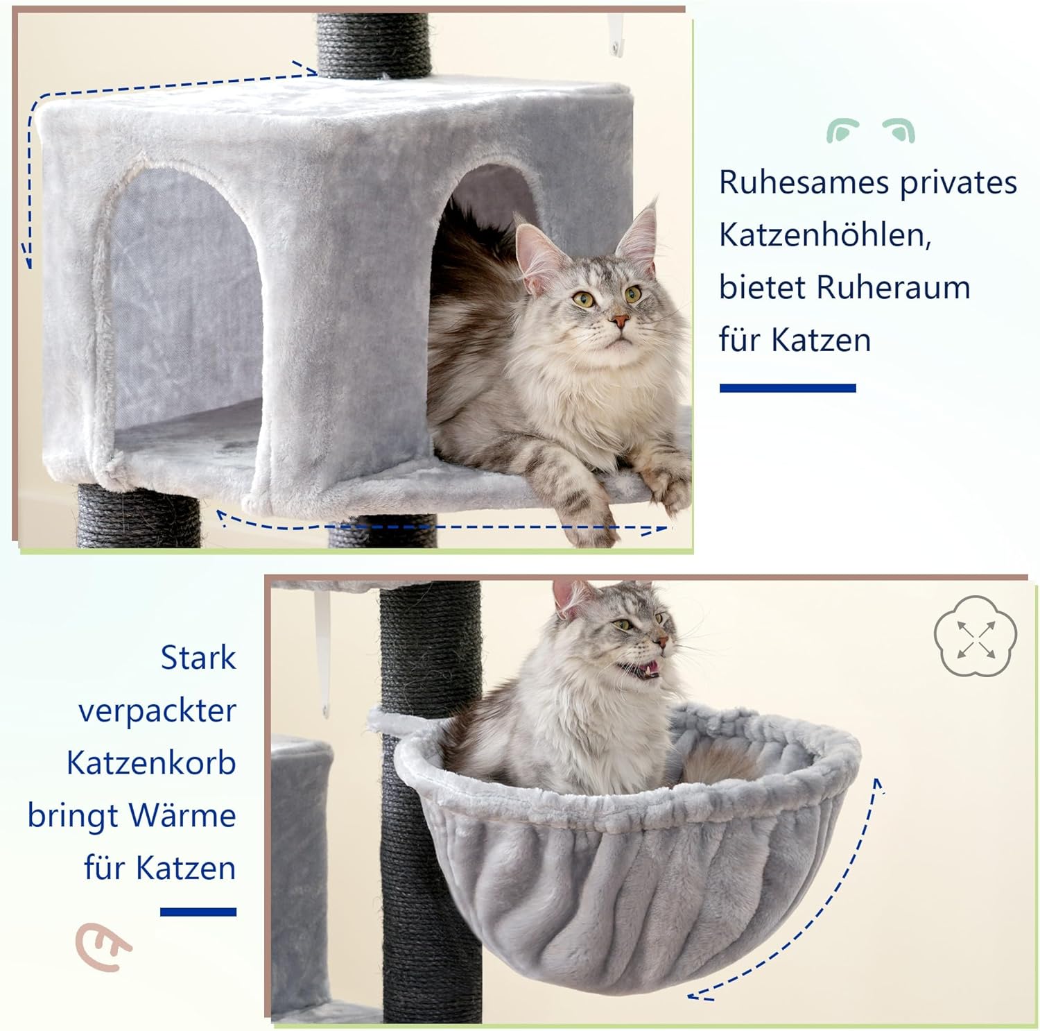 Detalle de Hey-brother XXL Kratzbaum für Maine Coon (168 cm) mit Hängematte, Sisalpfosten Ø 11 cm, Hellgrau EMPJ01W
