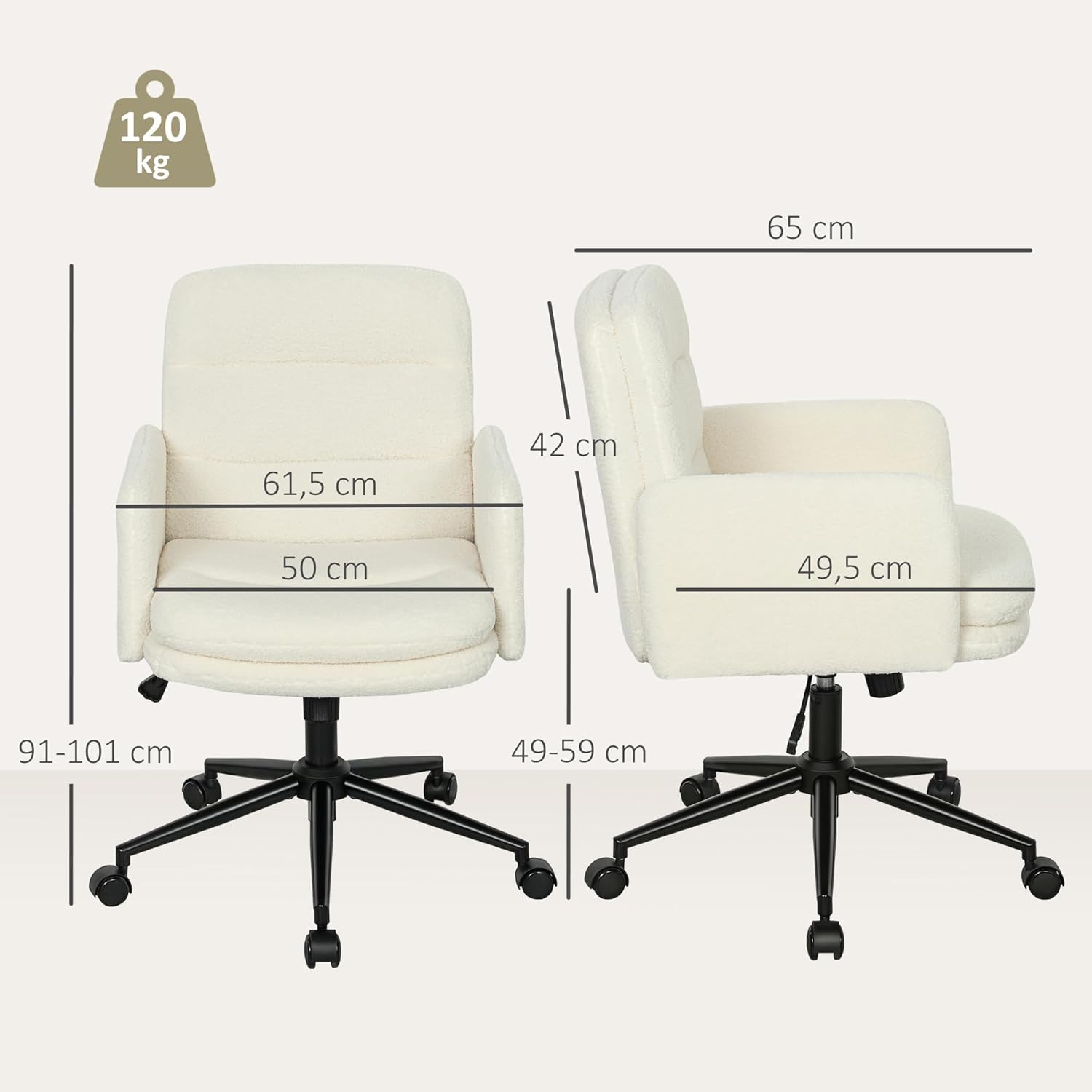 Thumbnail 6 de HOMCOM Chaise de bureau ergonomique en tissu effet laine bouclée, hauteur réglable et pivot 360°