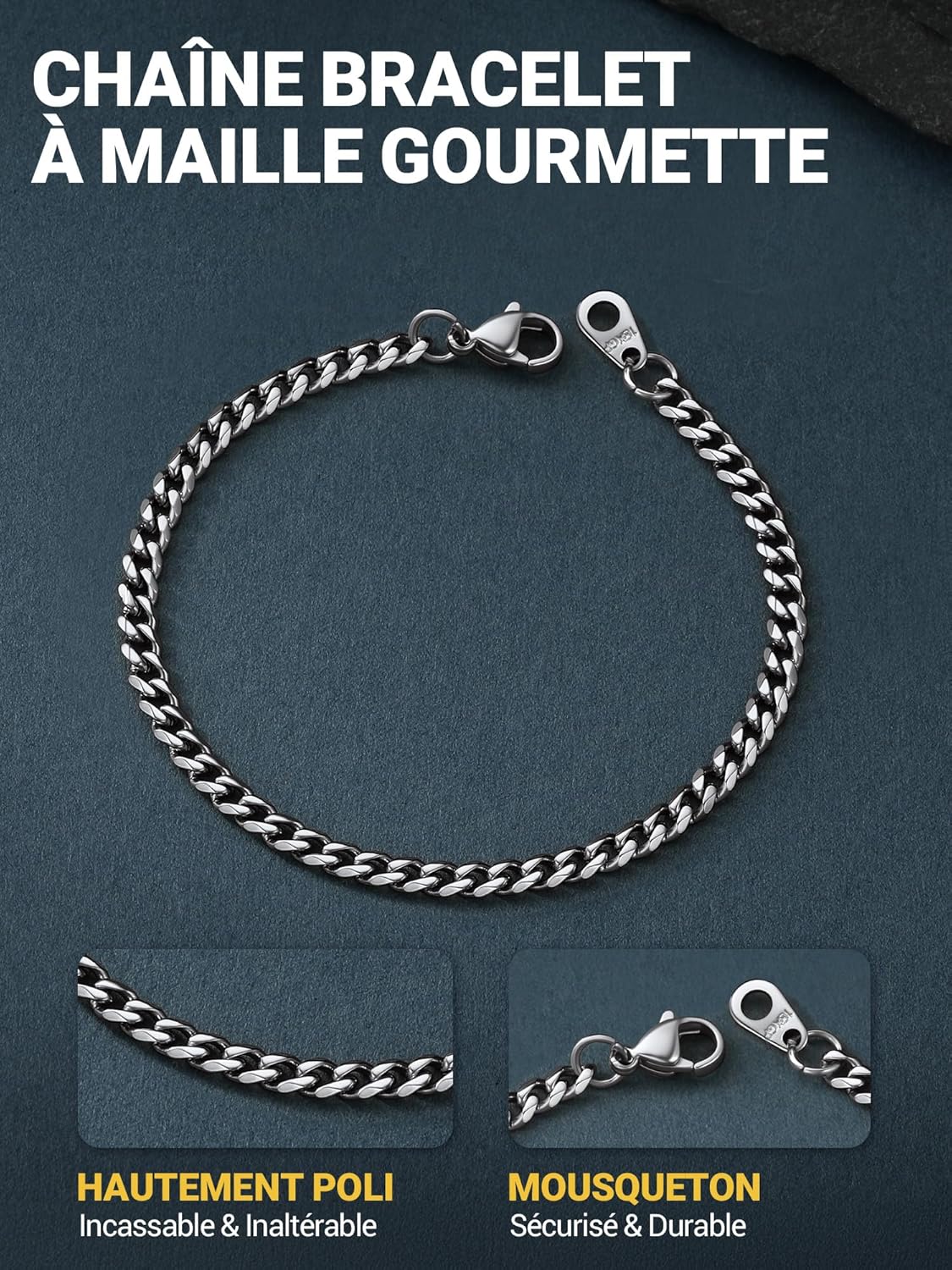 Thumbnail 1 de Bracelet gourmette PROSTEEL en maillons cubains (acier inox 316L ou plaqué or/noir) — largeurs 3,5 à 12 mm