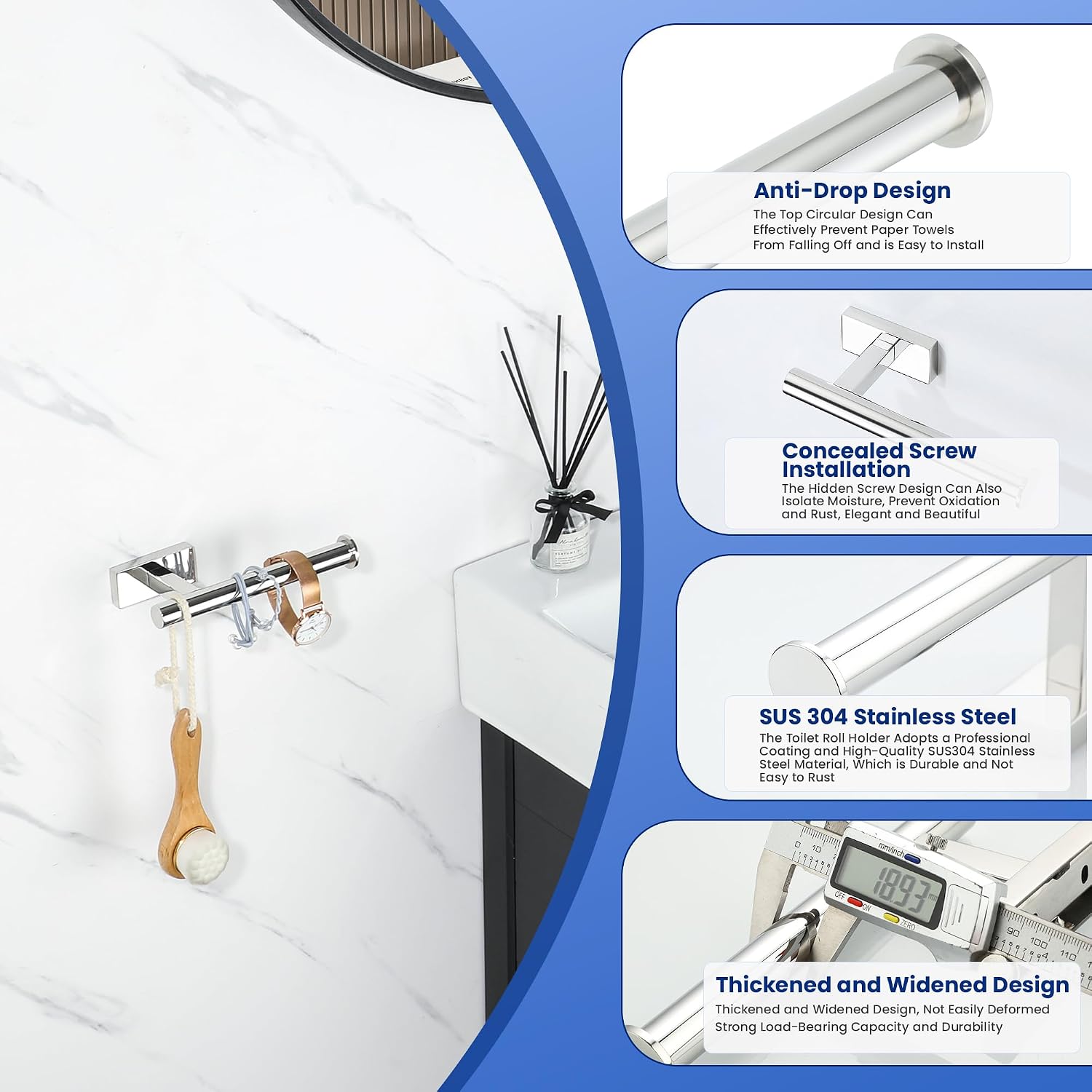Detalle de Mooche Chrome Wall Mounted Toilet Roll Holder (17.6 cm) – SUS304 Stainless Steel