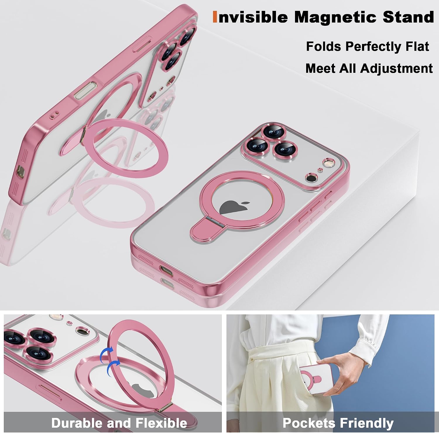 Detalle 2 de ETPESOK Pink Plating Clear Case for iPhone 18 Pro Max with Ring Stand
