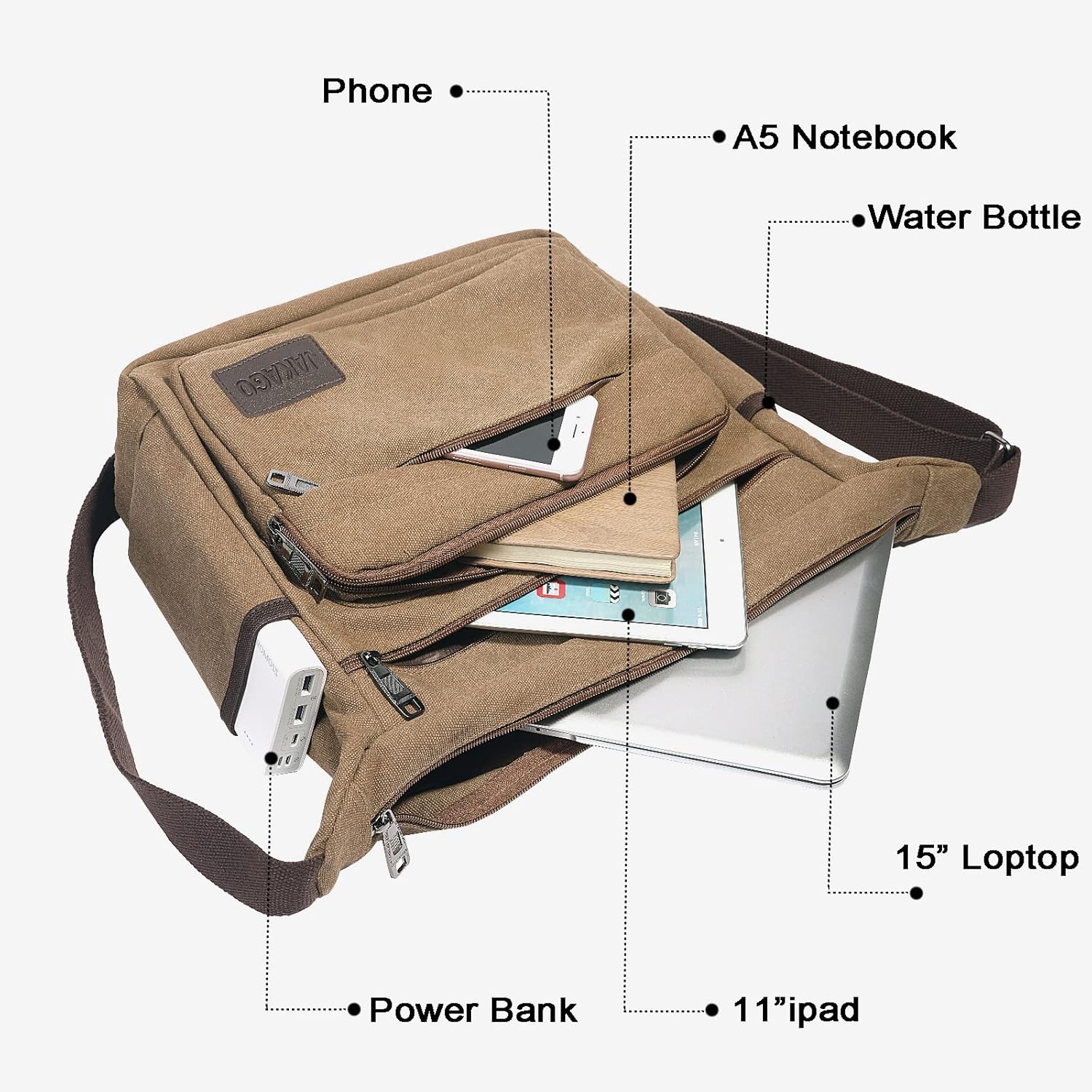 Thumbnail 5 de JAKAGO Canvas Messenger Bag (15 inch) – waterproof shoulder bag with multiple pockets for school, travel & work
