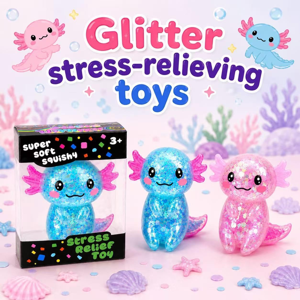 Detalle de Axolotl Squishy Stress Relief Toy — Glittery Fidget Squishies for Kids and Adults