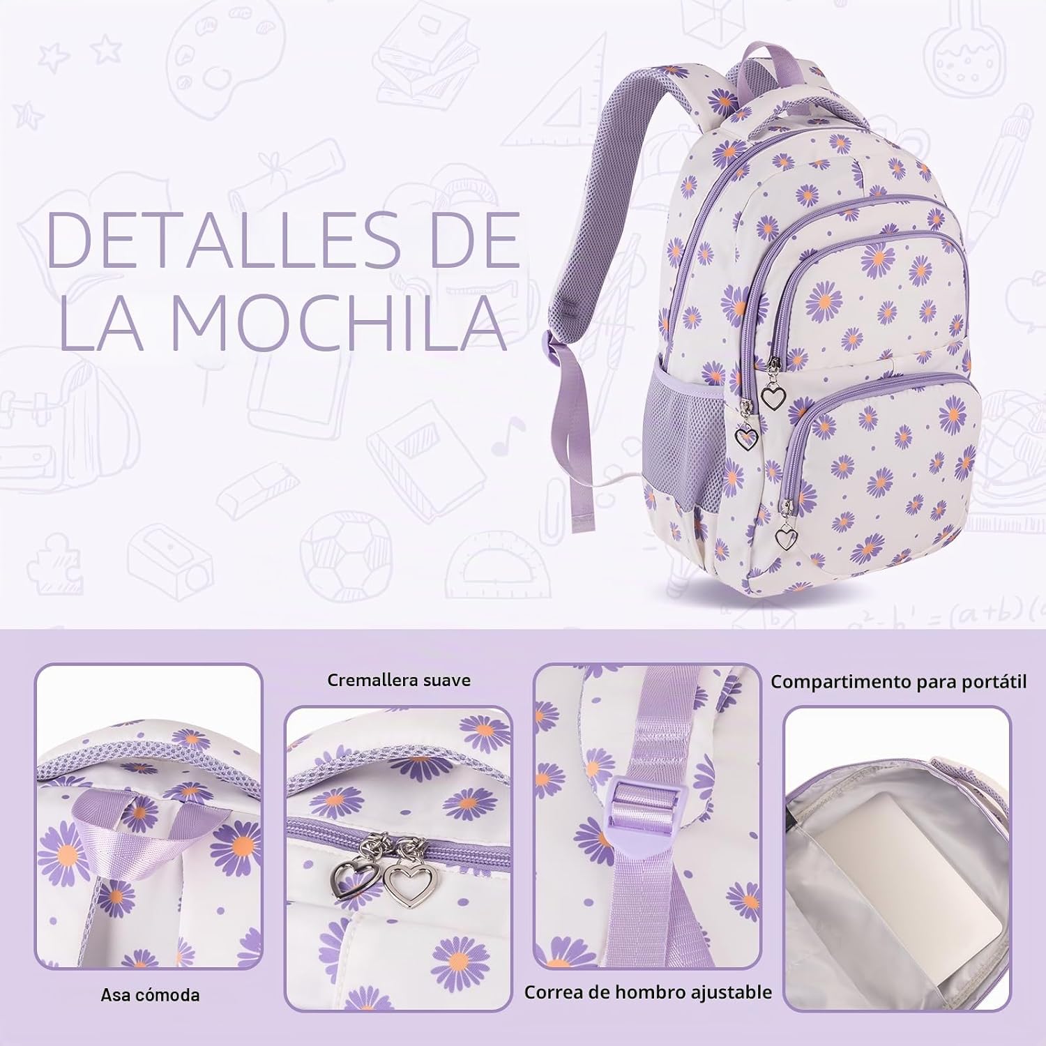 Detalle de SIVENKE Mochila Escolar para Niñas y Adolescentes – Beige con Bolsa para almuerzo y estuche