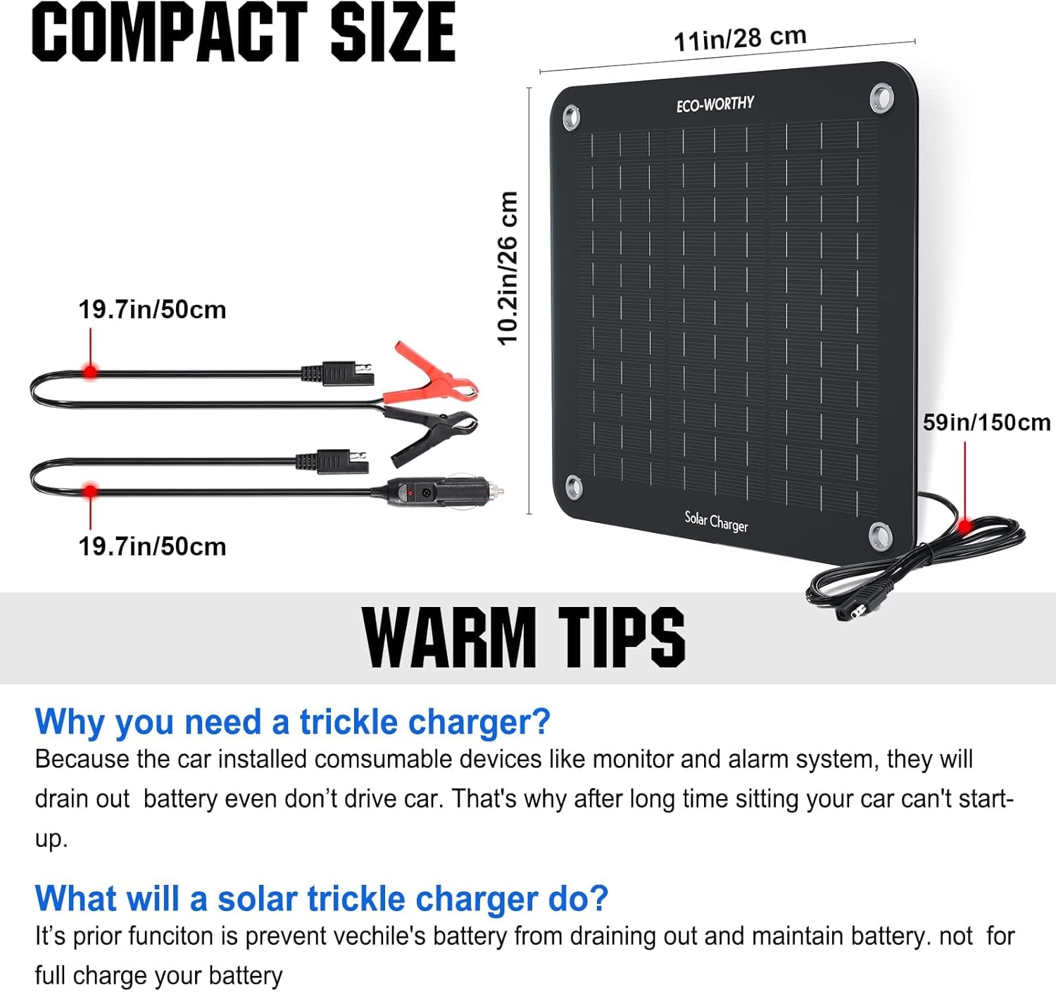 Thumbnail 5 de ECO-WORTHY 10W Solar Car Battery Charger Maintainer — 12V Waterproof Portable Trickle Charger