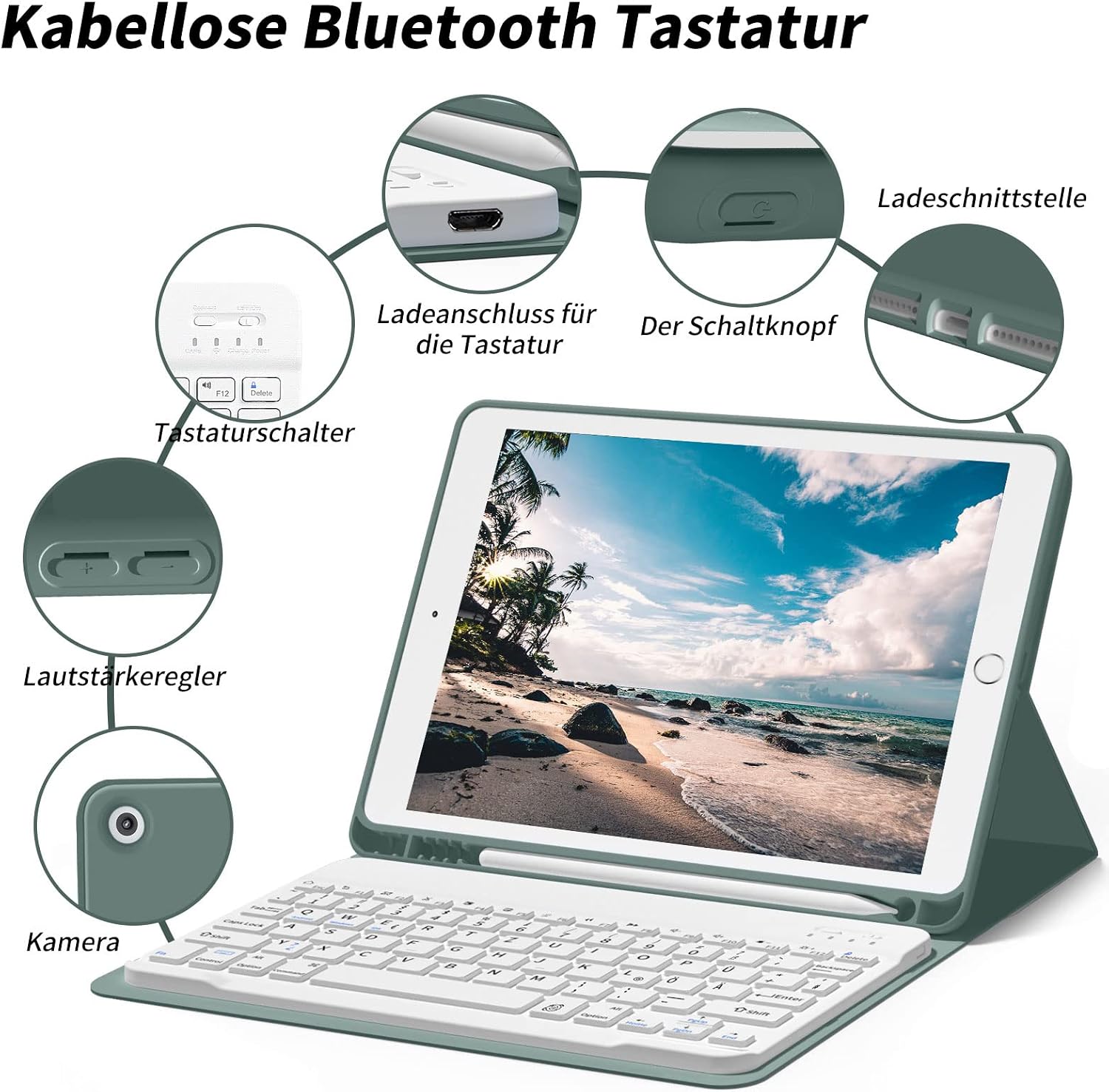 Detalle de ZOYU Hülle mit Tastatur für iPad 9/8/7 (10,2 Zoll) – QWERTZ Bluetooth-Folio in Dunkelgrün