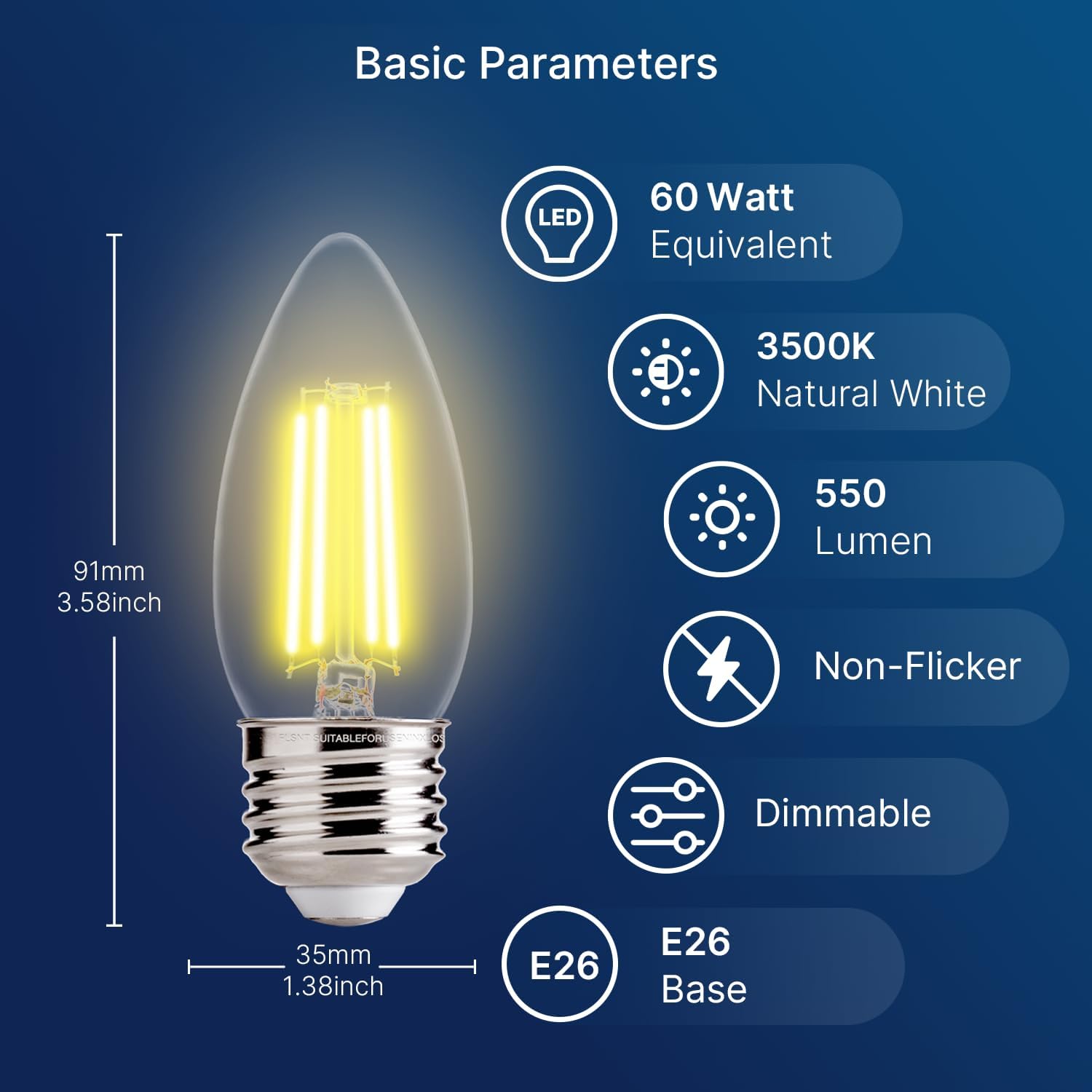 Detalle 2 de FLSNT B11 LED Bulbs, 60W Equivalent, Dimmable, 3500K, 6-Pack
