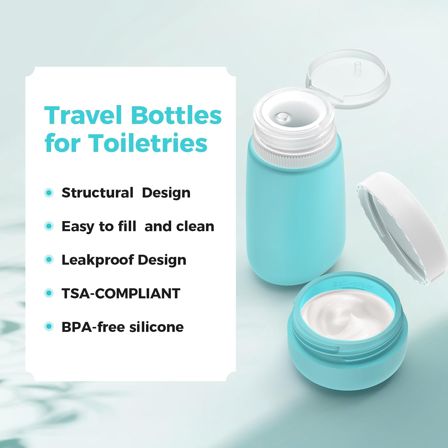 Detalle 2 de Reiseflaschen Zum Befüllen – 8-Stück Silikon-Set (4 Quetschflaschen & 4 Cremetiegel) inkl. TSA-Konformität