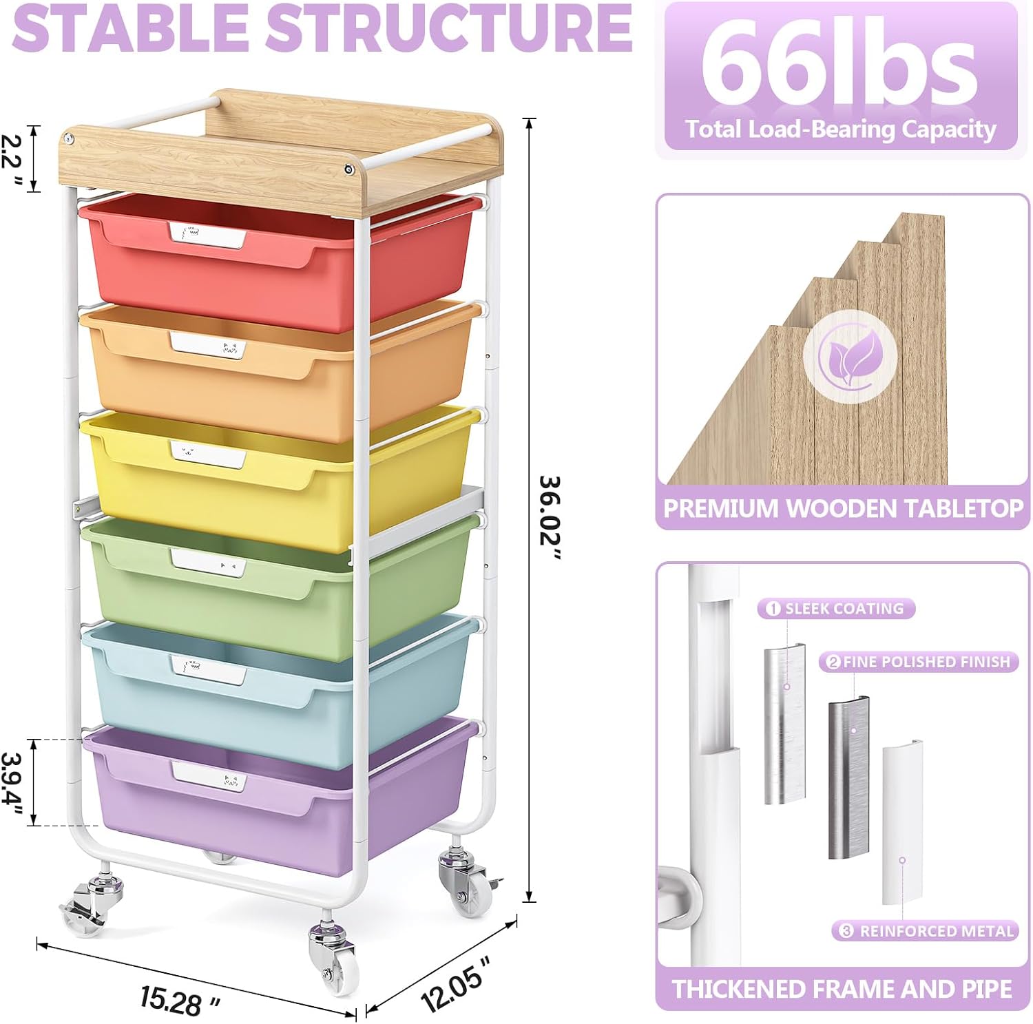 Detalle de SYKIARIOL 1431+1233+1432 6-Drawer Rolling Storage Cart with Labels