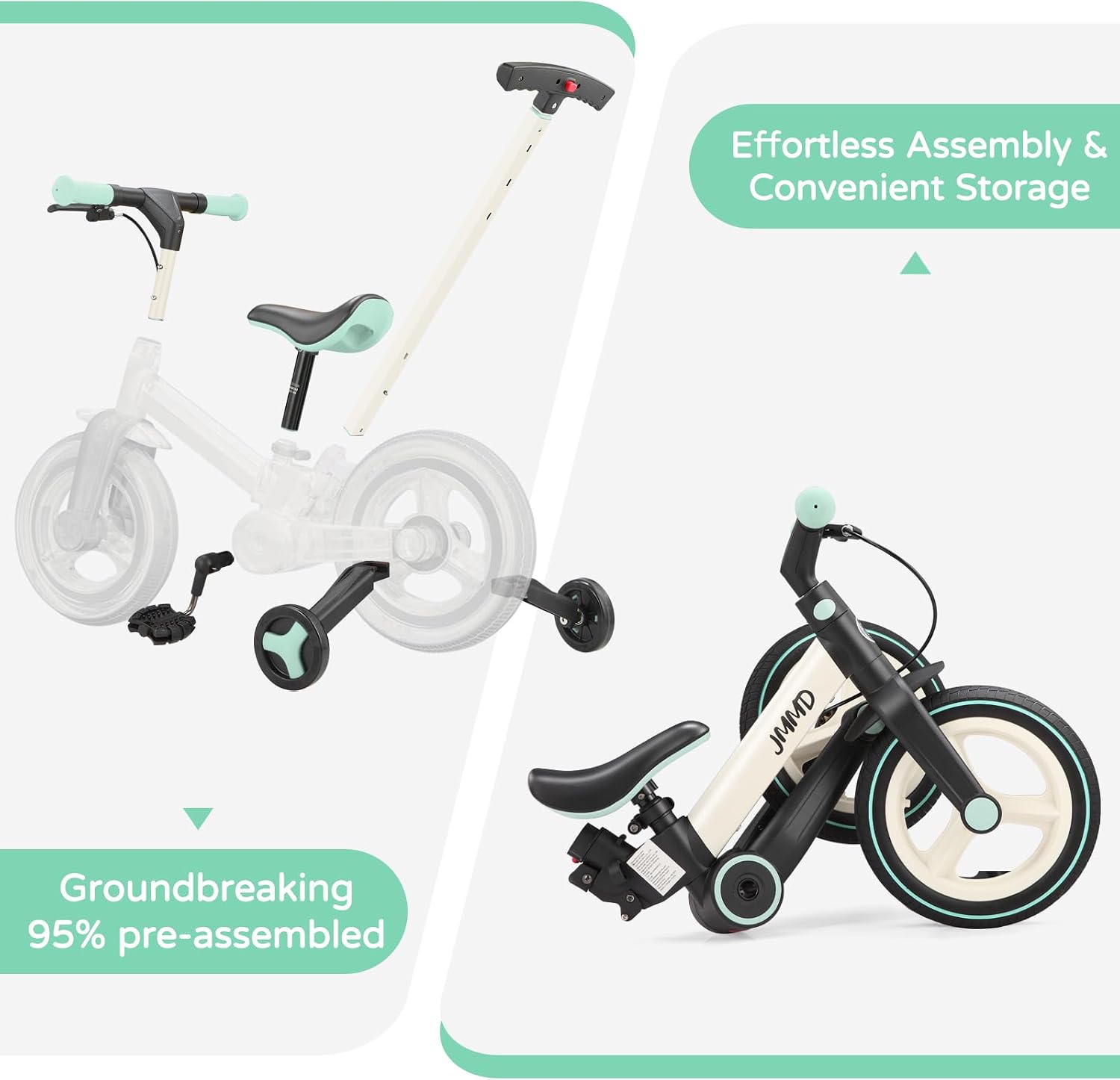Detalle de JMMD 6-in-1 Toddler Bike (12 inch) with Training Wheels, Pedals, Kickstand & Adjustable Parent Handle