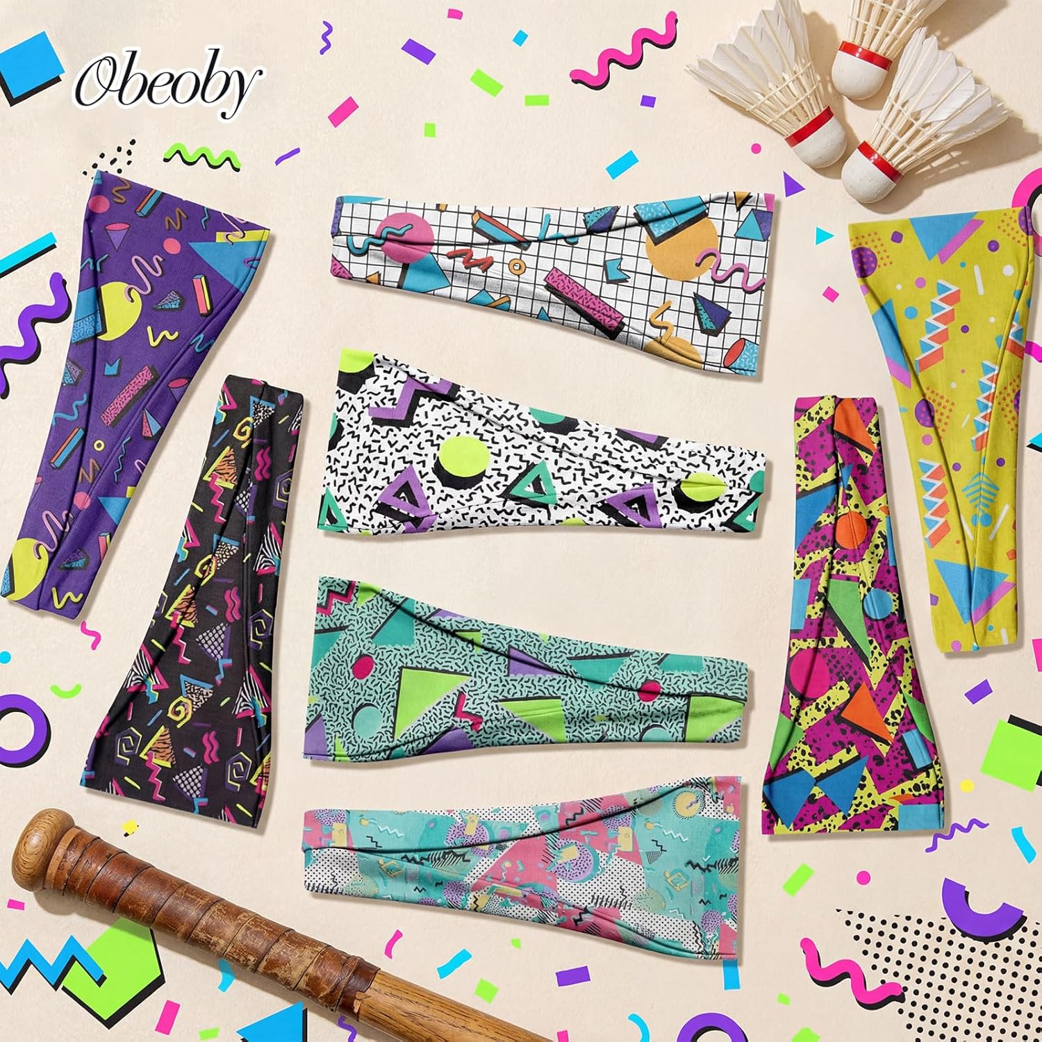 Thumbnail 6 de obeoby 8 Pack Neon 80s Print Headbands for Rave Outfits — Retro Style for Women