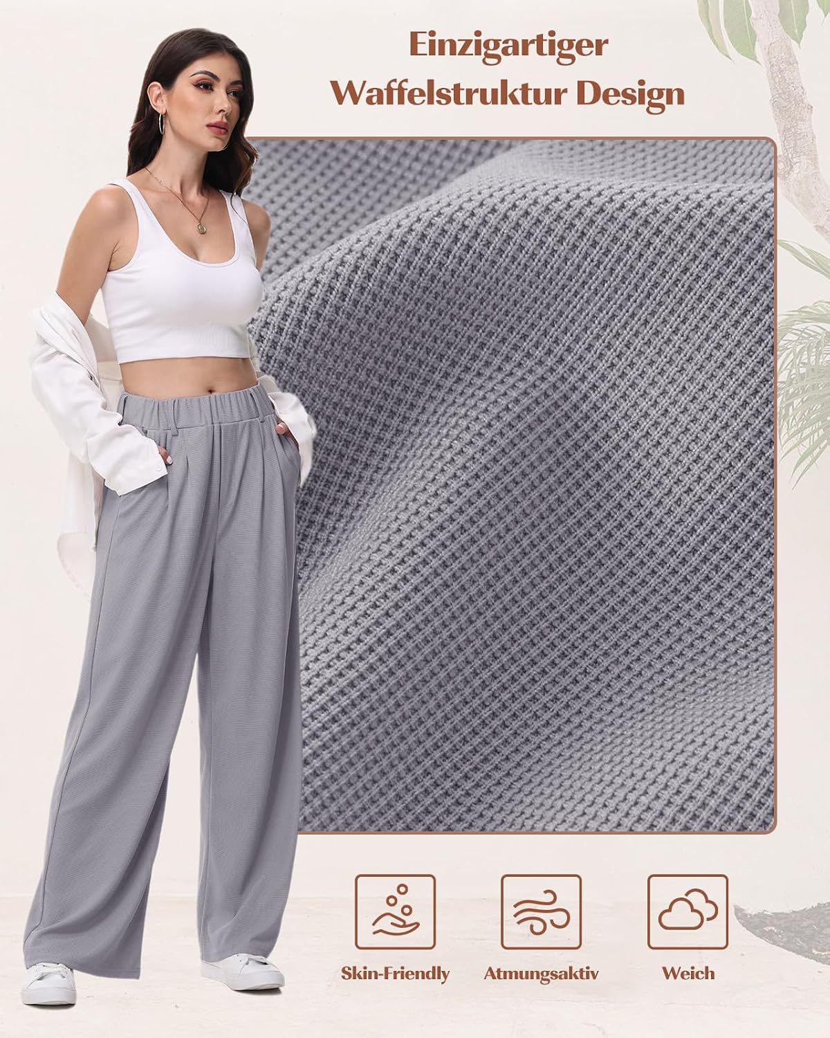 Detalle de HMIYA Weite Stoffhose für Damen – bügel-frei, locker Palazzo, hohe Taille, mit Tasche