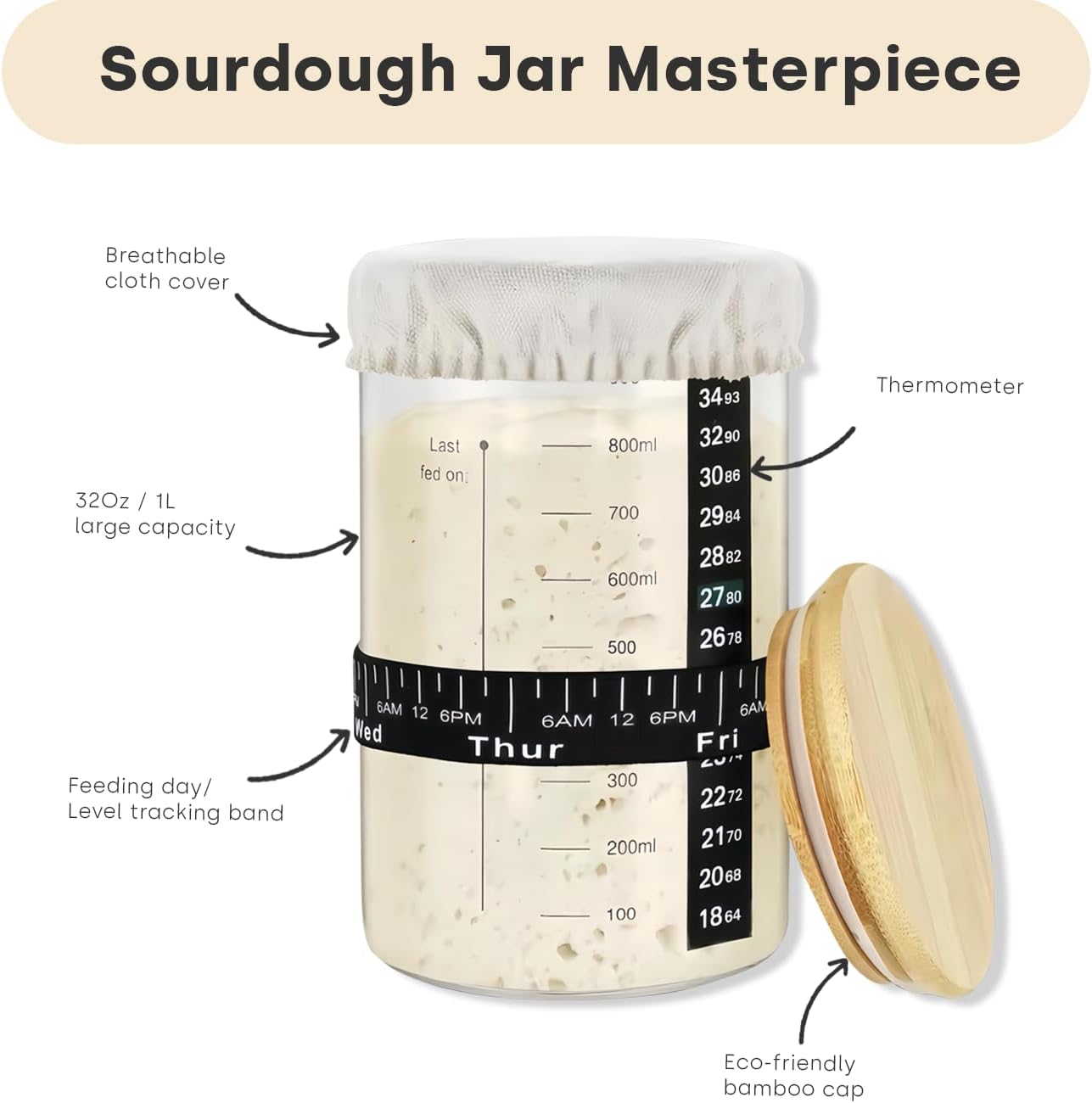 Detalle 2 de SoLuna.® Sourdough Starter Jar Kit 1 Litre – Premium Borosilicate Glass Jar with Feeding Band, Thermometer, Spatula and Accessories