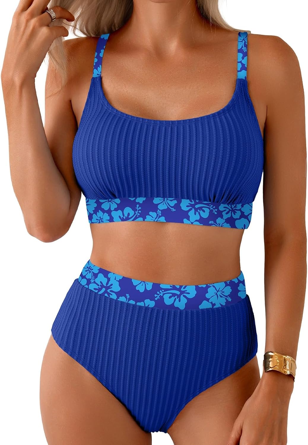 Detalle de Herseas Women's Textured Floral Print High Waist Bikini Set
