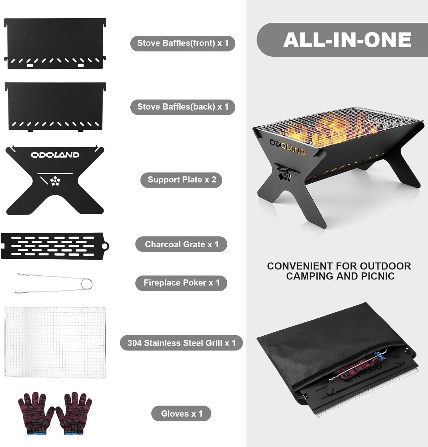 Thumbnail 1 de Odoland Camping Fire Pit – Portable 2-in-1 wood-burning fire pit and grill with detachable cooking grate