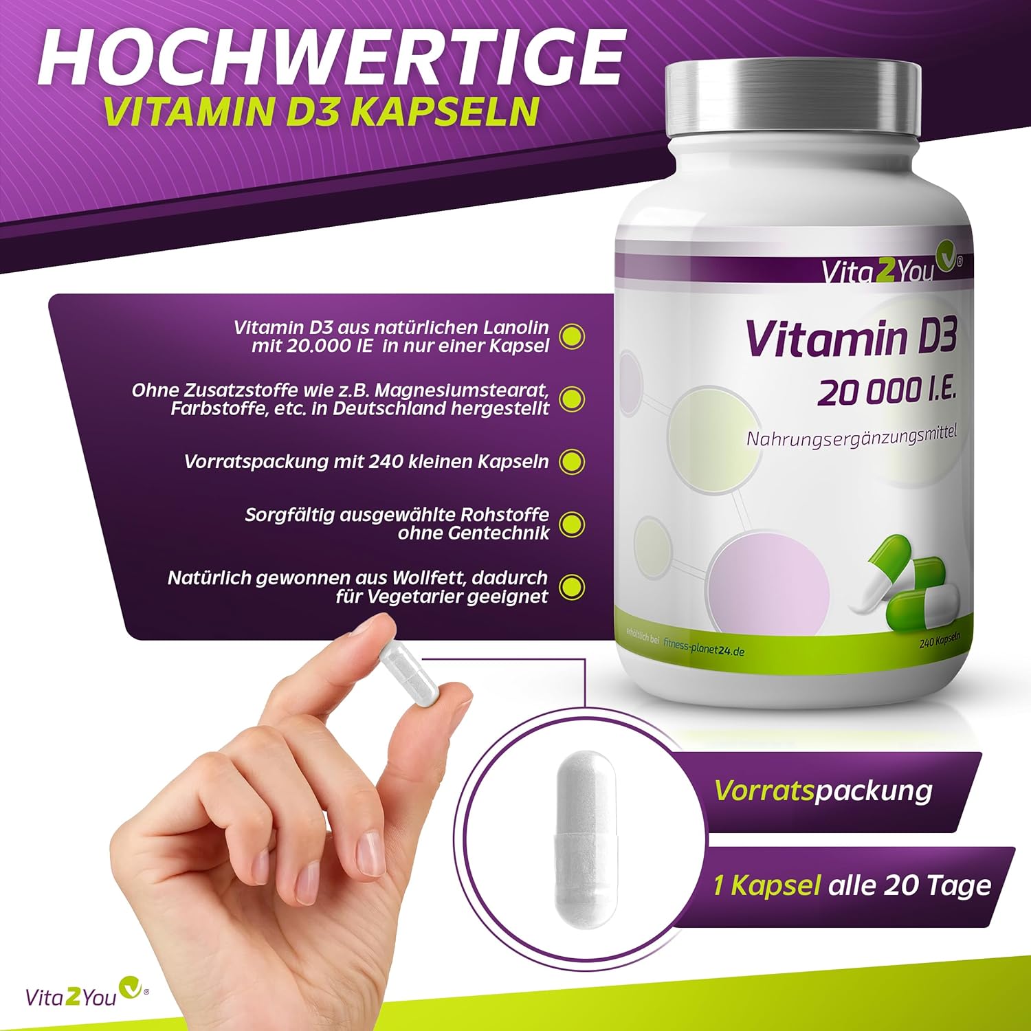 Thumbnail 1 de Vita2You Vitamin D3 20.000 IE – 240 Kapseln (20 Tagesdosen, 1.000 I.E. pro Tag)