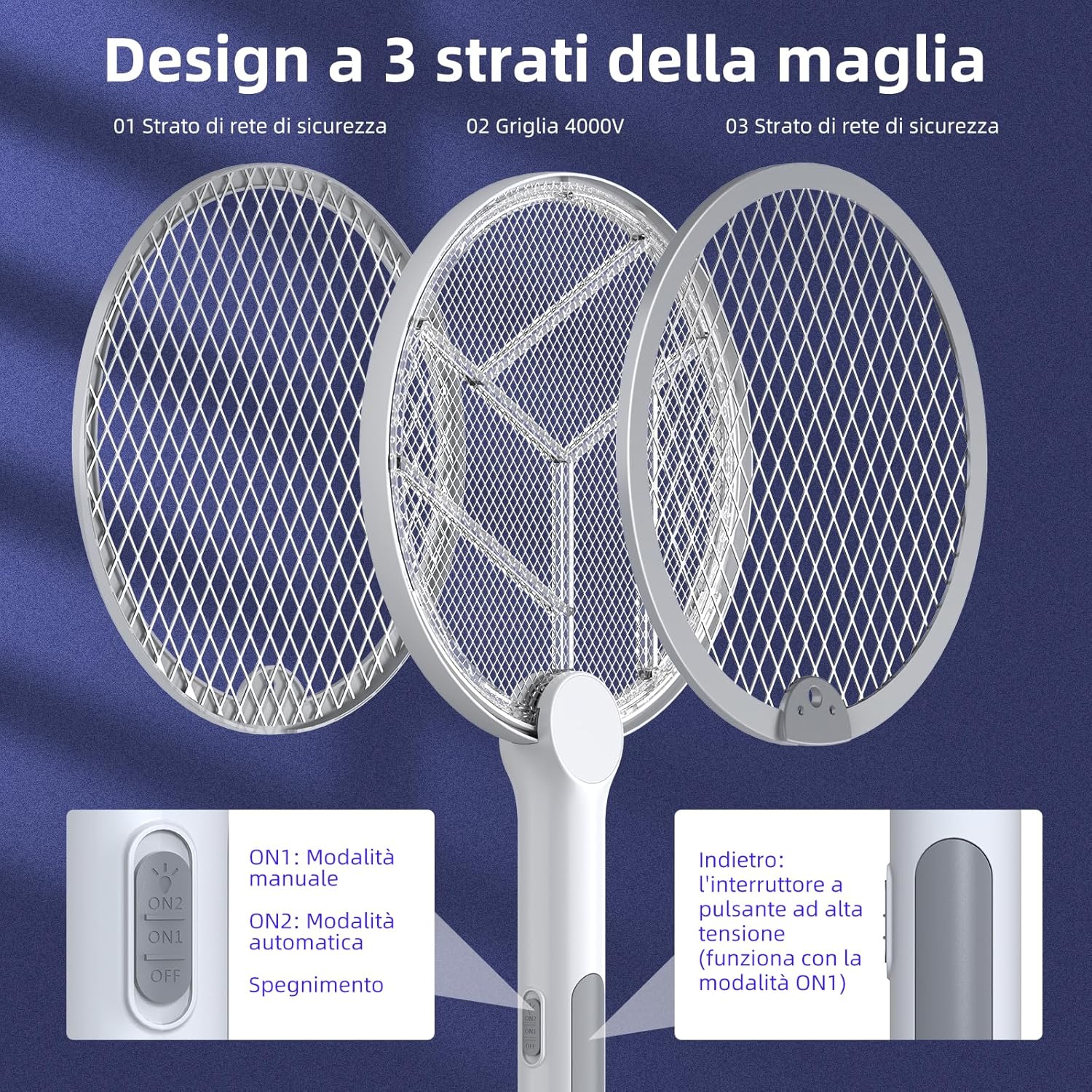 Thumbnail 2 de PALONE Racchetta Zanzare Elettrica Ricaricabile 4000V con USB-C – 3 Strati, LED UV