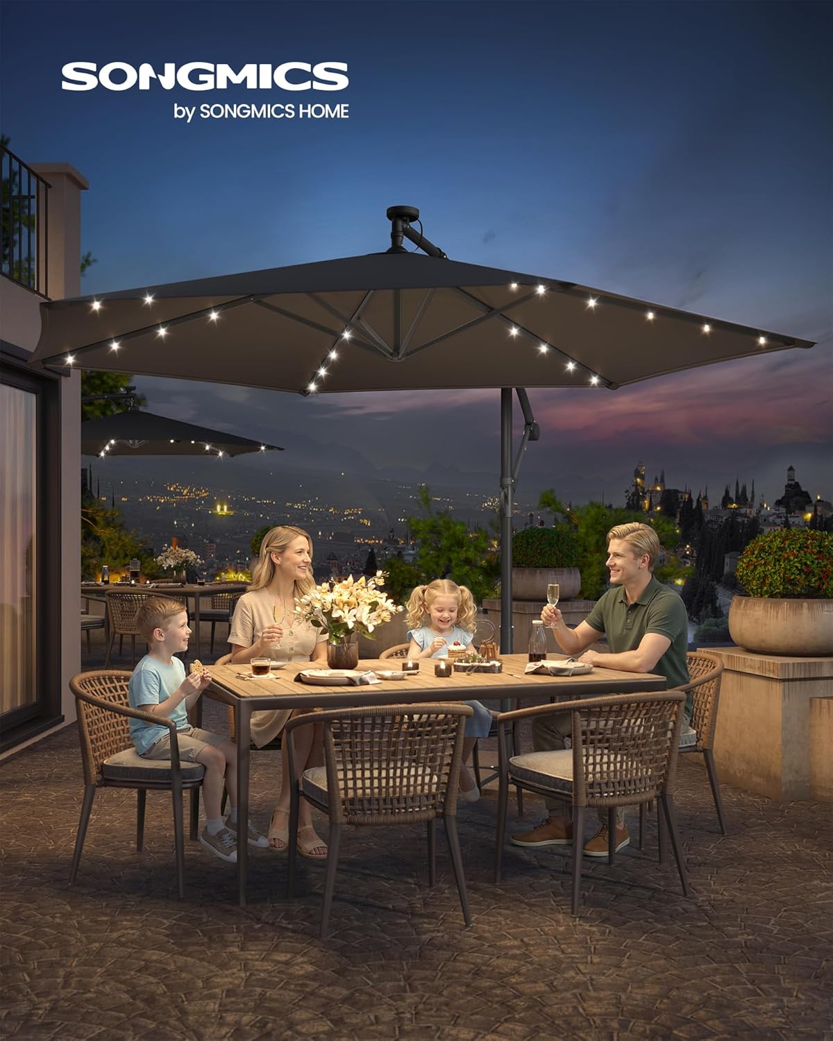 Thumbnail 1 de SONGMICS Ampelschirm 350 cm mit LED-Solar-Beleuchtung, 32 LEDs, UPF 50+, Kurbel und Ständer (grau) GPU119GZ01