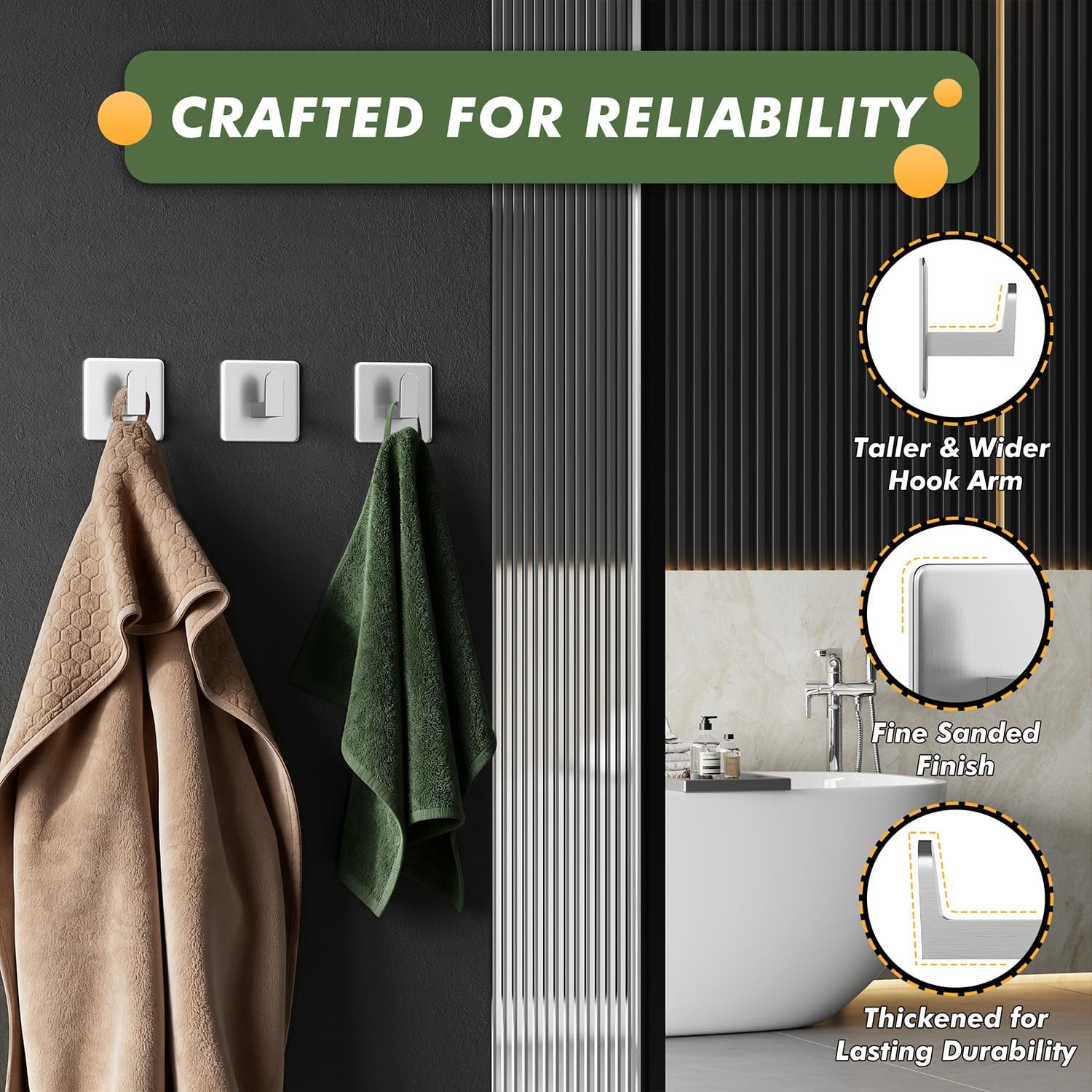 Detalle de Auxmir 6 Pack Self-Adhesive Hooks: Heavy-Duty Stainless Steel with 12kg Load