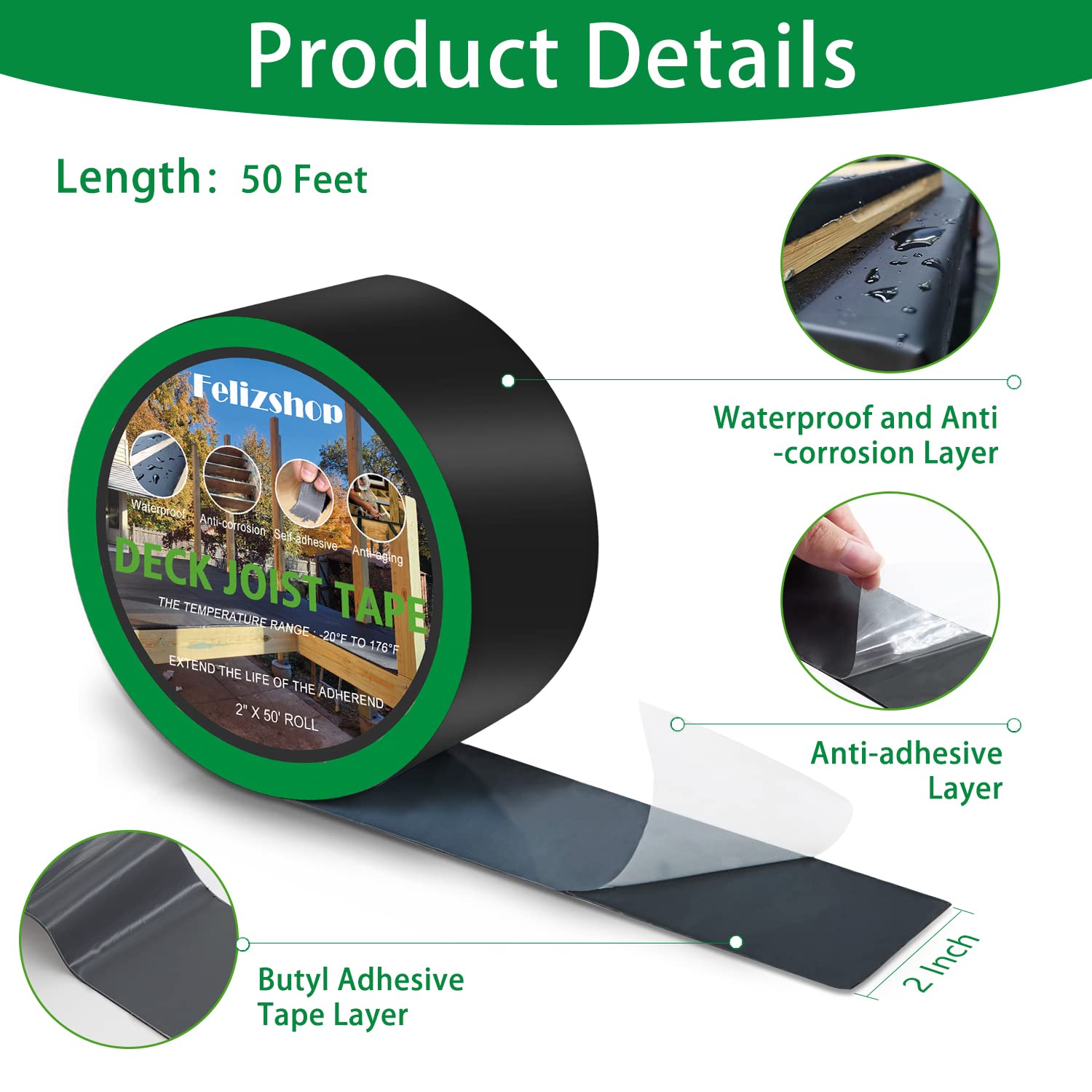 Thumbnail 1 de Felizshop Deck Joist Tape 2'' x 50' (6 Rolls) – Butyl Tape for Decking and Beams