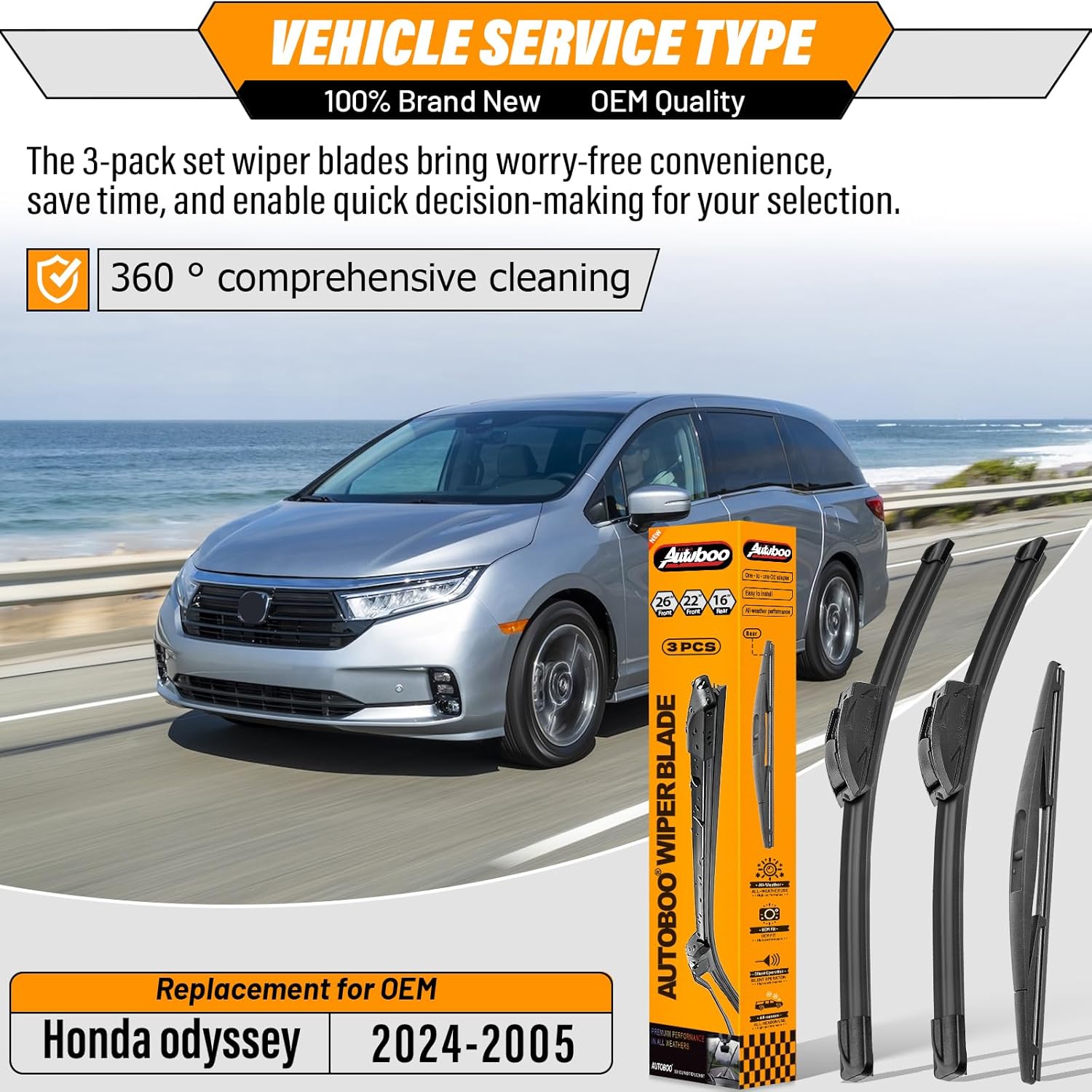 Thumbnail 1 de AUTOBOO 3-Pack Windshield Wiper Blades for Honda Odyssey (2005-2024) — 26"+22" Front and 16" Rear Replacement