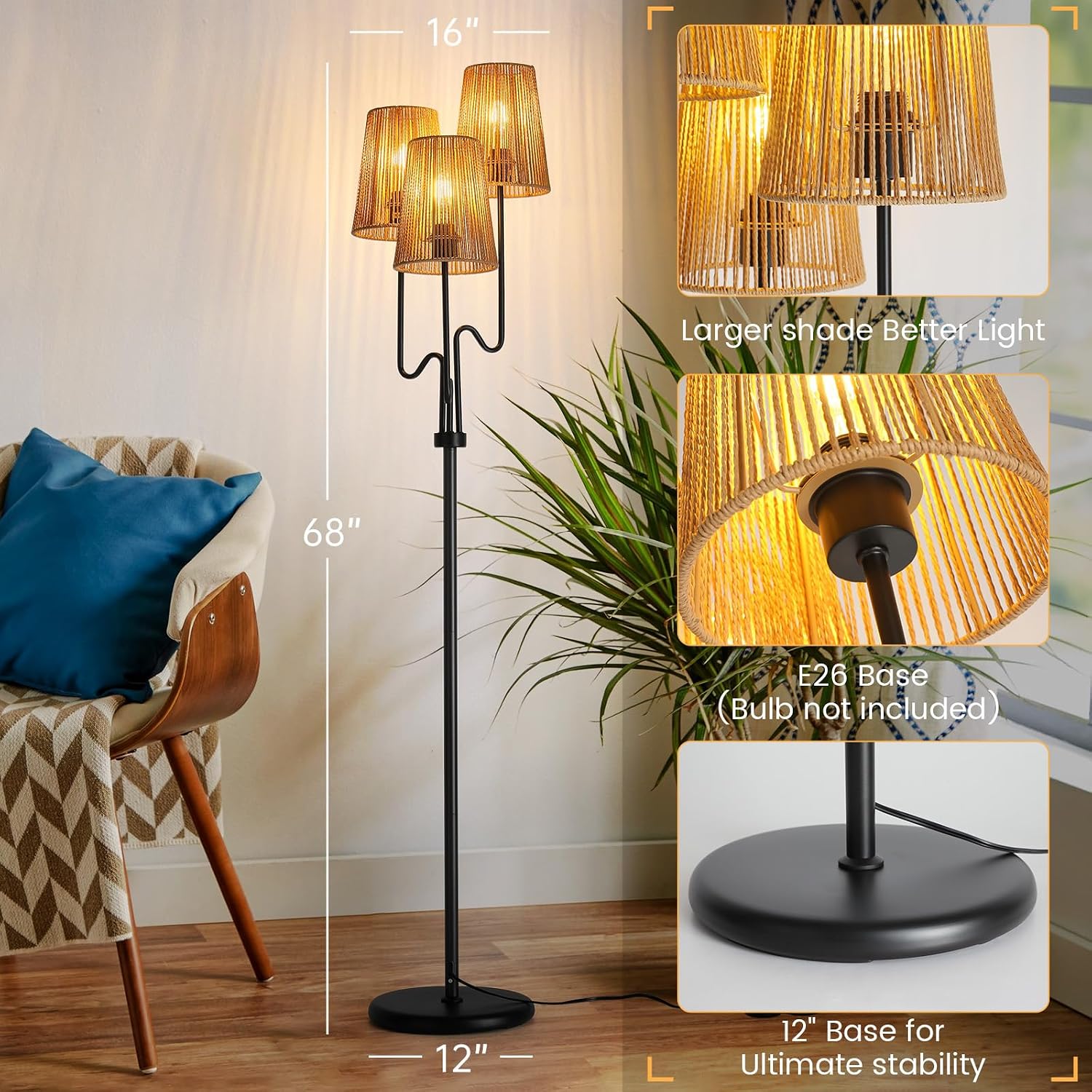 Thumbnail 5 de Boho Floor Lamp 68in rattan 3-light standing lamp ๐