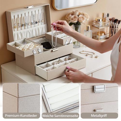 Detalle de Dajasan Schmuckkästchen – 3‑stufige PU‑Leder Schmuckbox mit 1 Schublade (Champagner)
