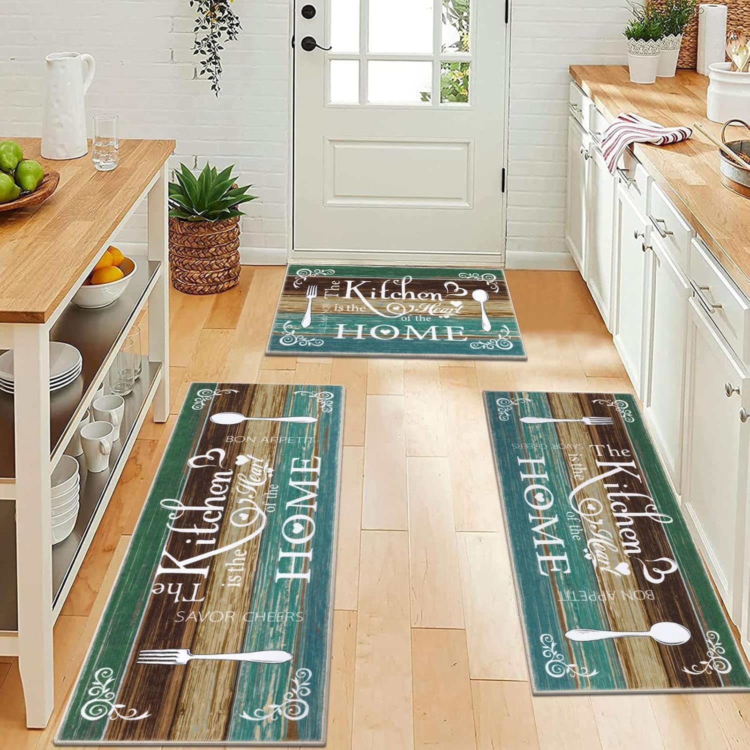Thumbnail 5 de Vaukki Boho Kitchen Rug Sets (3-Piece) — Washable Non-Slip Kitchen Mats for Floor, Teal