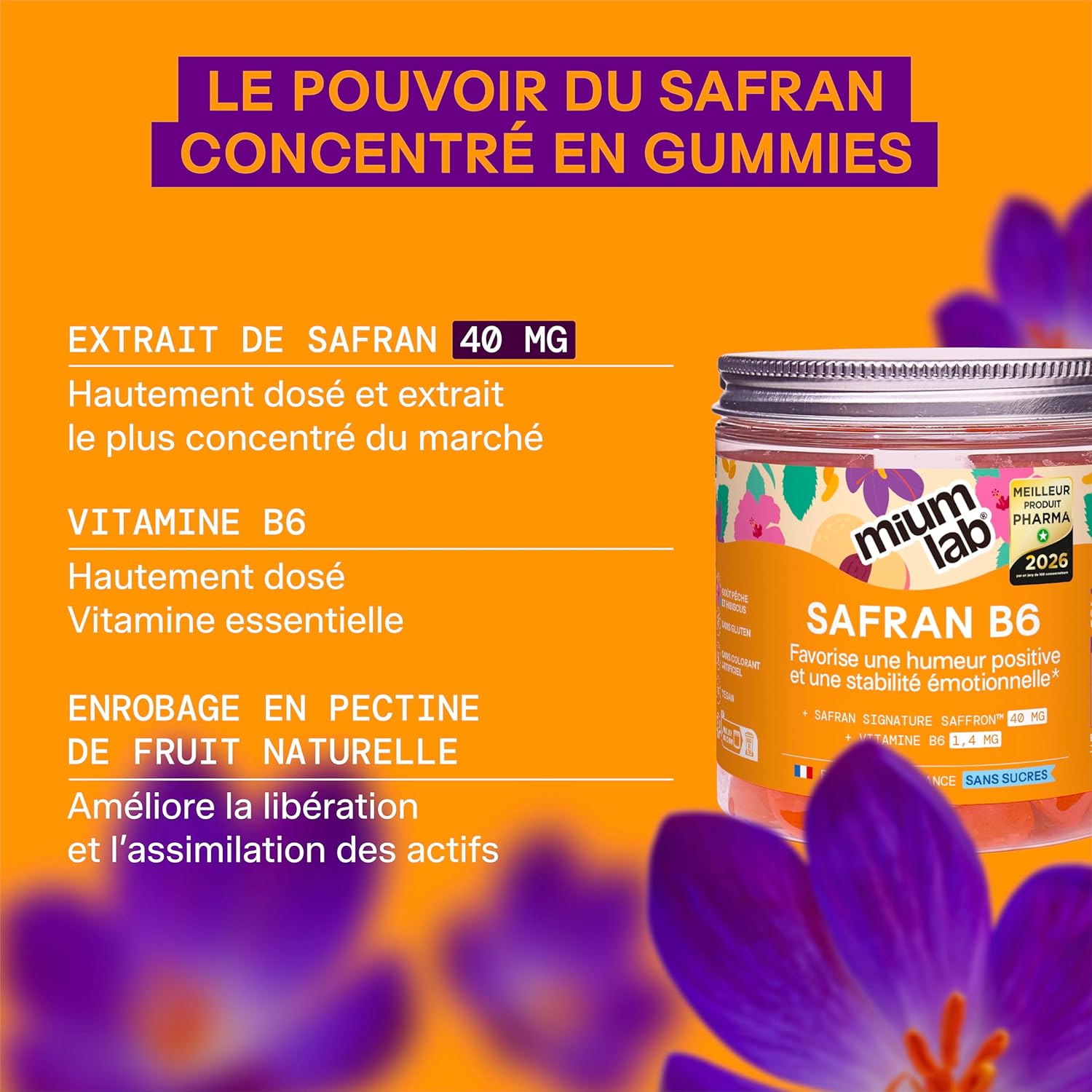 Detalle 2 de Mium Lab Gummies Safran & Vitamine B6 (40 mg) sans sucres — enfants dès 4 ans et adultes