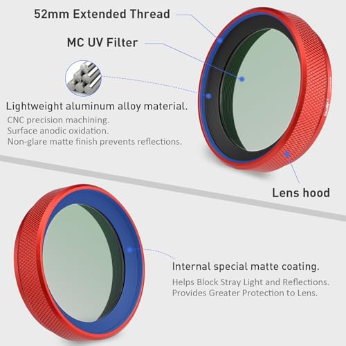 Detalle de Haoge LUV-X54R: 2-in-1 Metal Lens Hood and UV Filter for Fujifilm X100V/X100VI (Red)