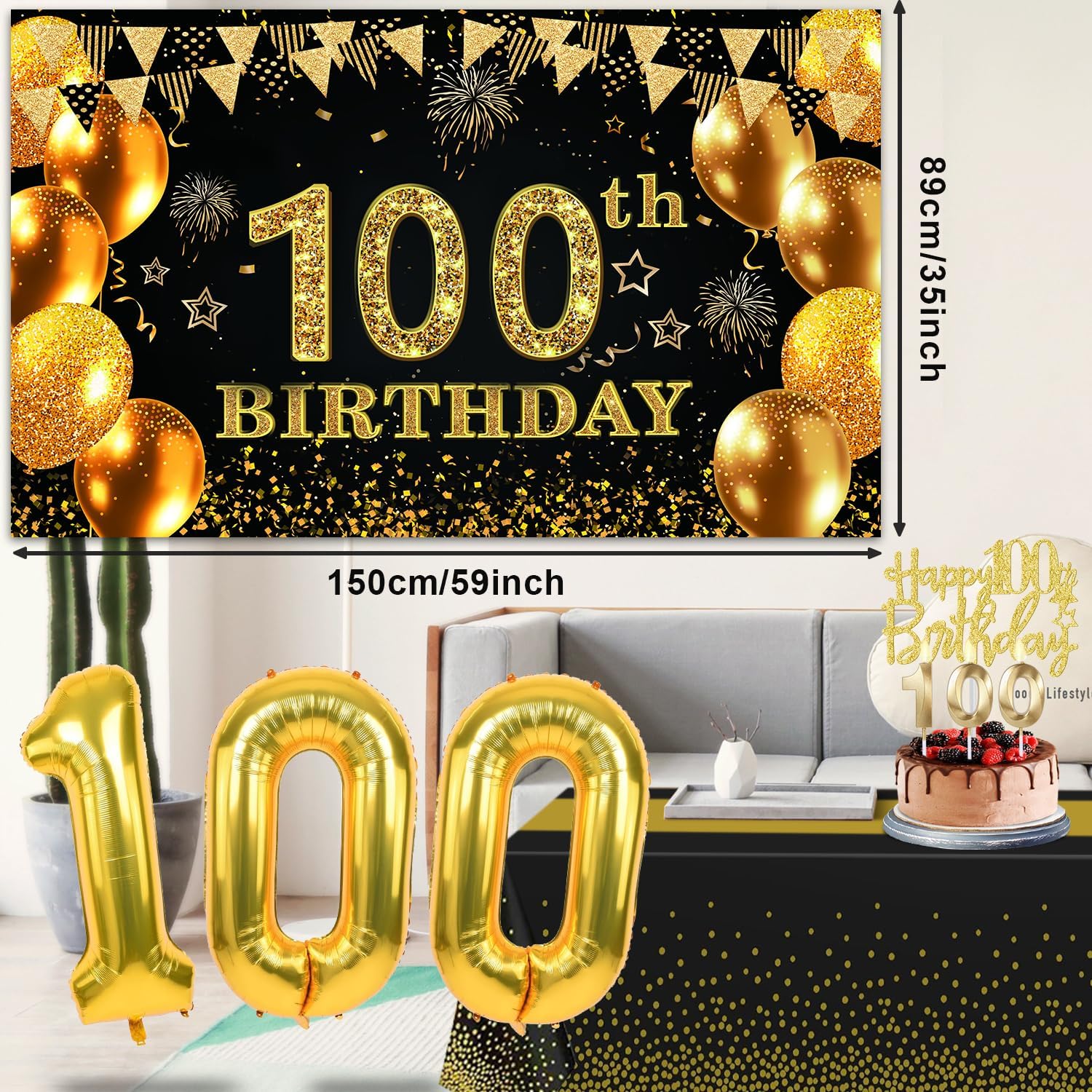 Detalle de 100th Birthday Decorations Set for Men and Women – Black and Gold Milestone Party Kit