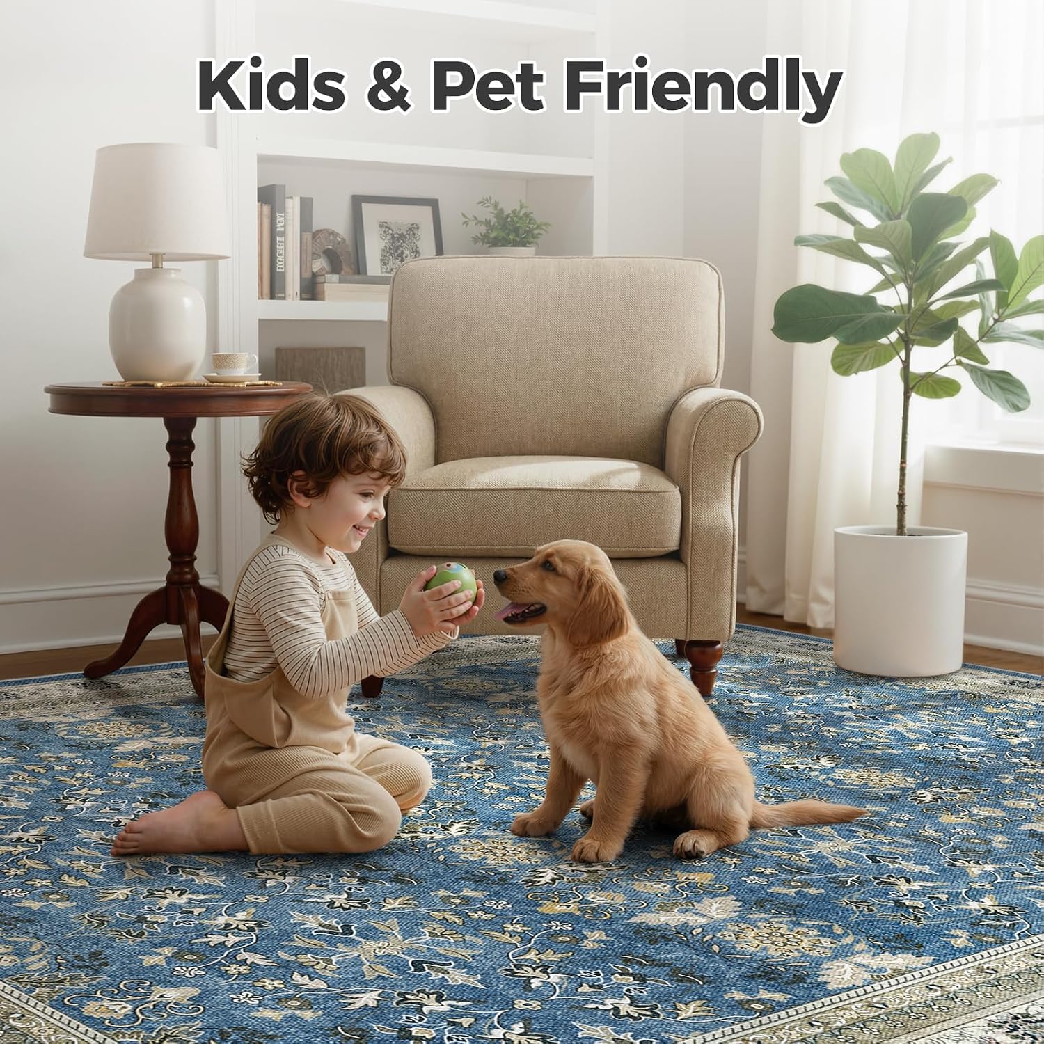 Detalle 2 de WITSHOCK 10' x 12' Washable Blue Vintage Area Rug, Low-Pile and Non-Slip