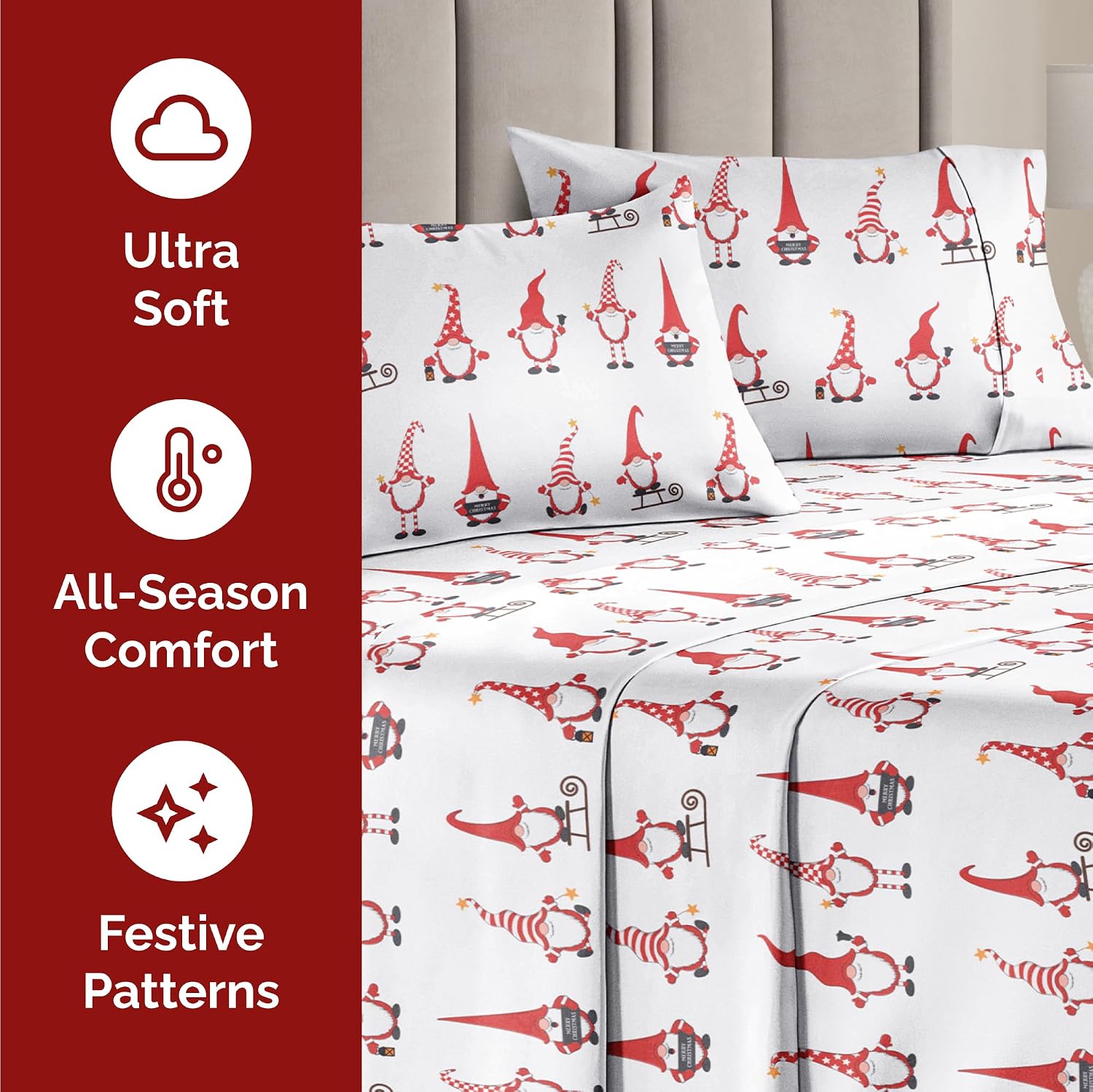 Detalle de CGK Unlimited Holiday Gnomes Red Full Sheet Set, Brushed Microfibre