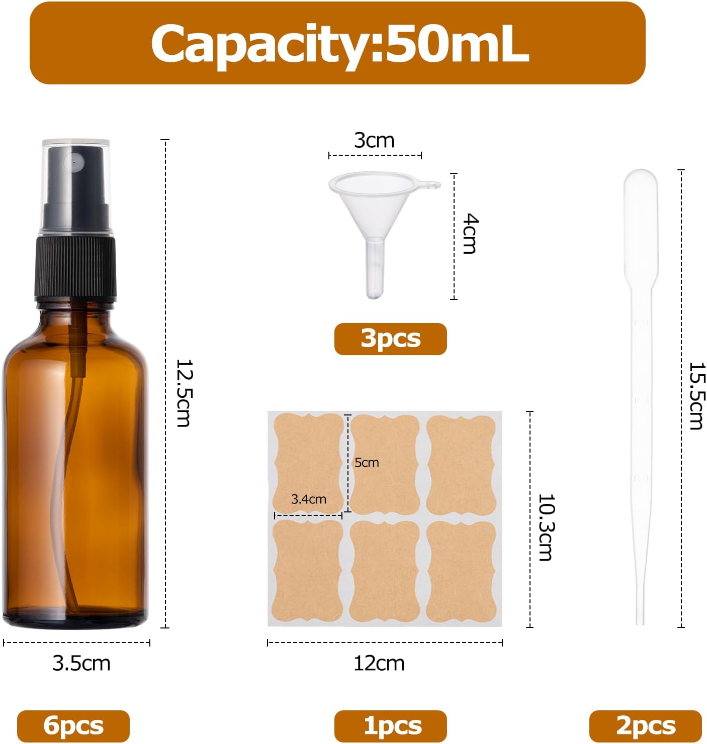 Thumbnail 6 de Kiperline glassprayflaskor 50 ml, brunt glas, 6-pack med trattar och pipetter