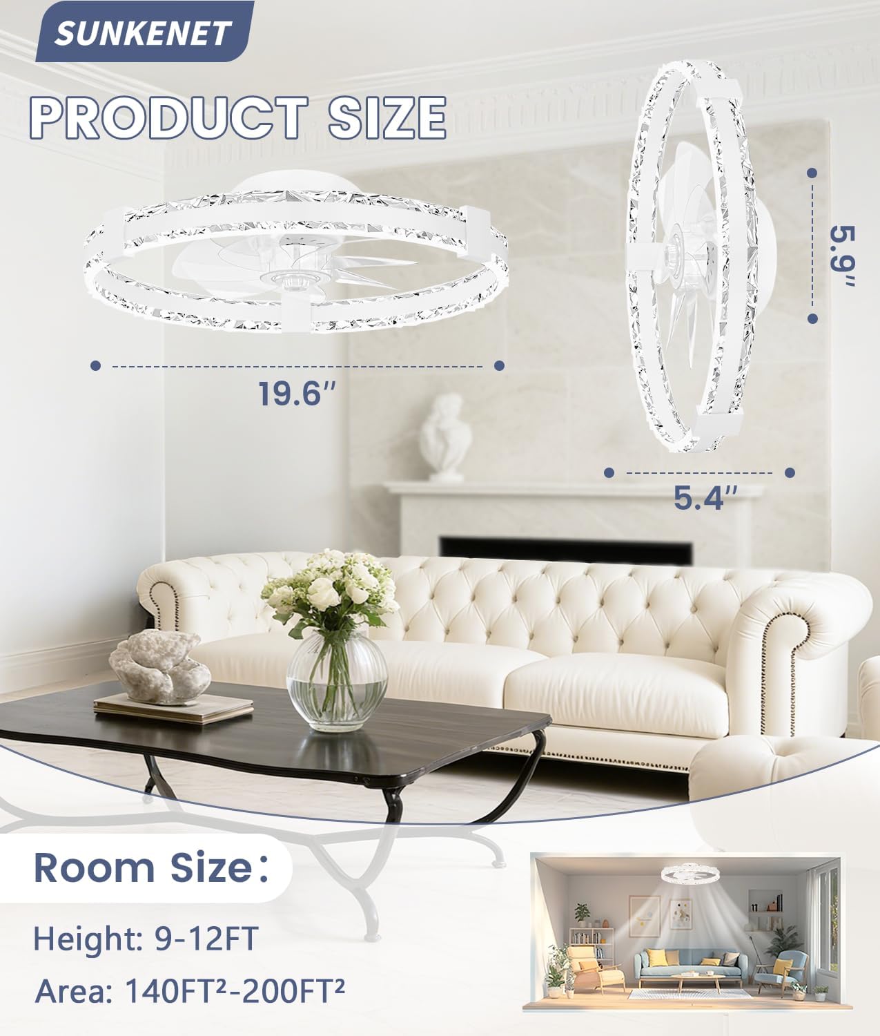 Detalle 2 de SUNKENET 50cm Ceiling Fan with Lights and Remote – Dimmable LED, 6 Speeds, Quiet Reversible Breeze