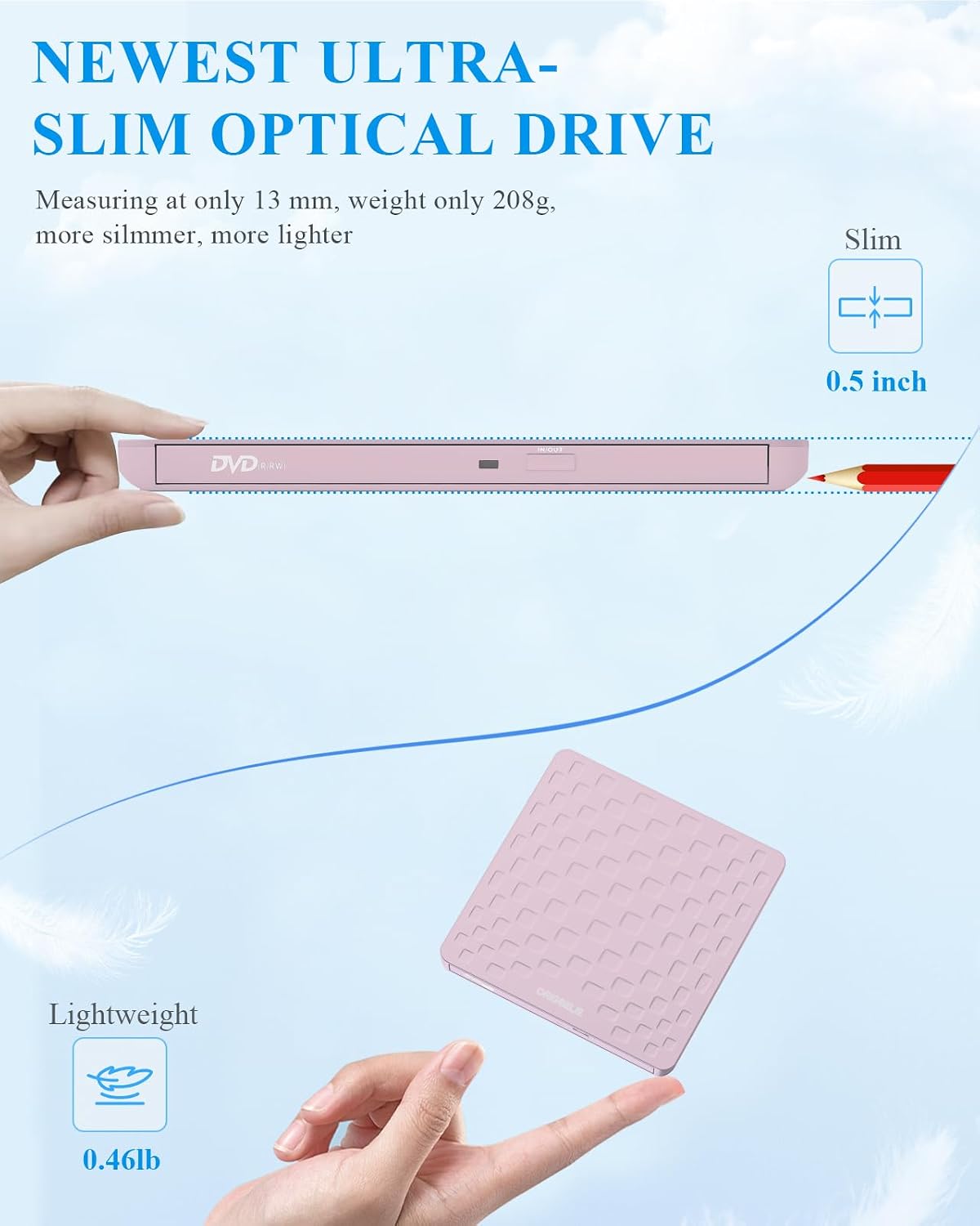 Detalle 2 de ORIGBELIE TP520-Pink External CD/DVD Drive, USB 3.0, Type-C, 13mm